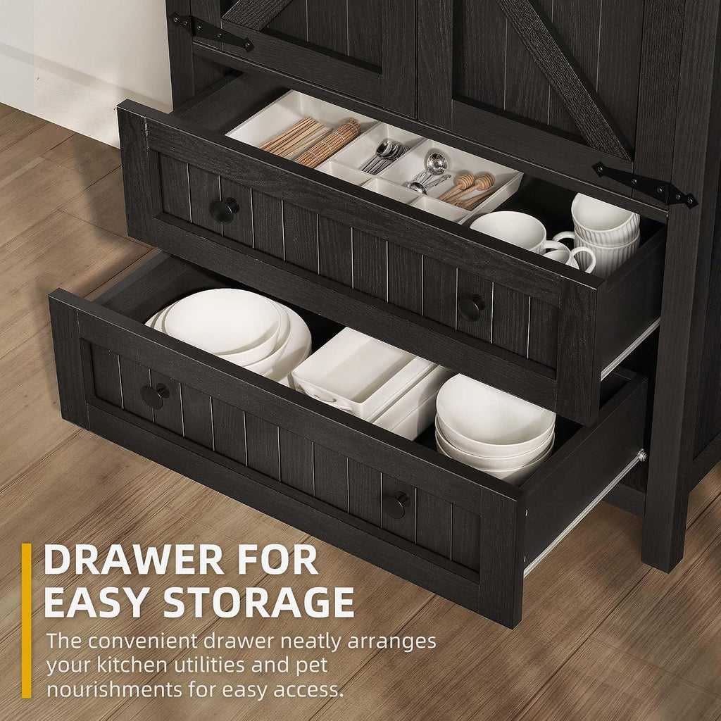 DWVO Farmhouse Kitchen Pantry Cabinet, 64.5' Tall Storage Cabinet with 2 Drawers and Adjustable Shelves, Versatile Storage for Living Room, Dining Room or Hallway, Oak Black