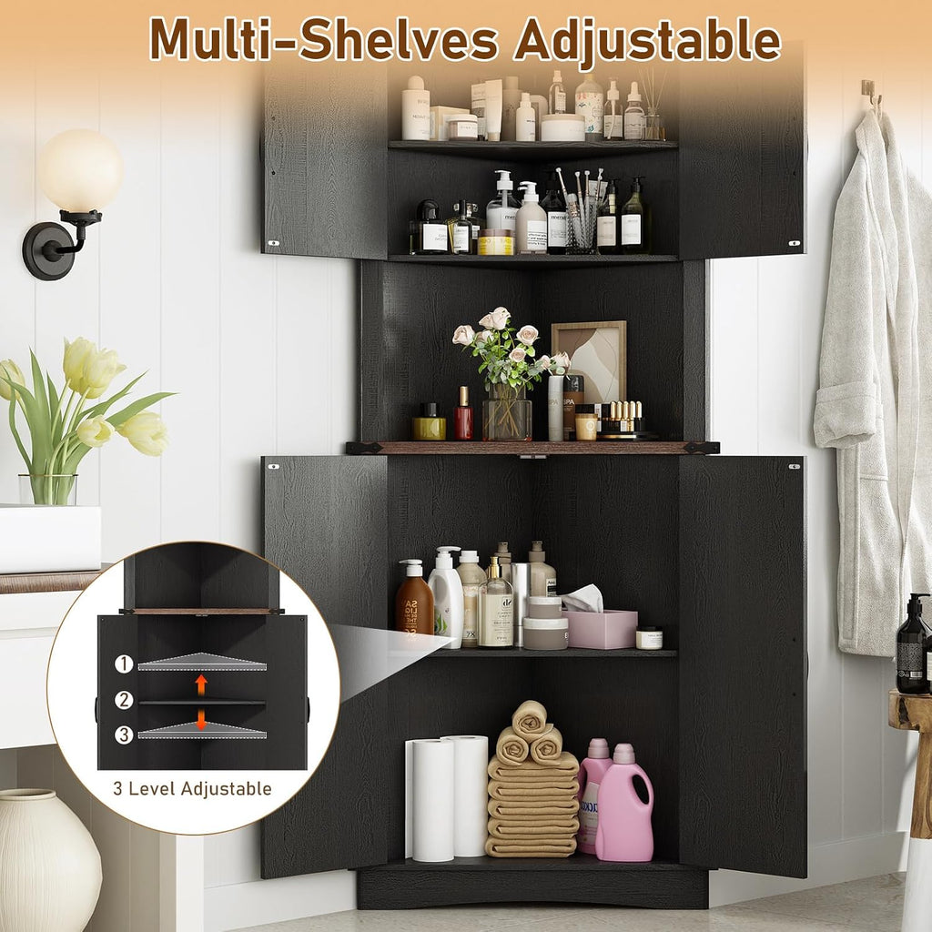 chartustriable 68' Tall Farmhouse Corner Cabinet, 28.3' Corner Storage Cabinet with 4 Doors and Adjustable Shelves, Tall Barn Door Cabinets with 5 Storage Shelves, for Kitchen, Bathroom, Black