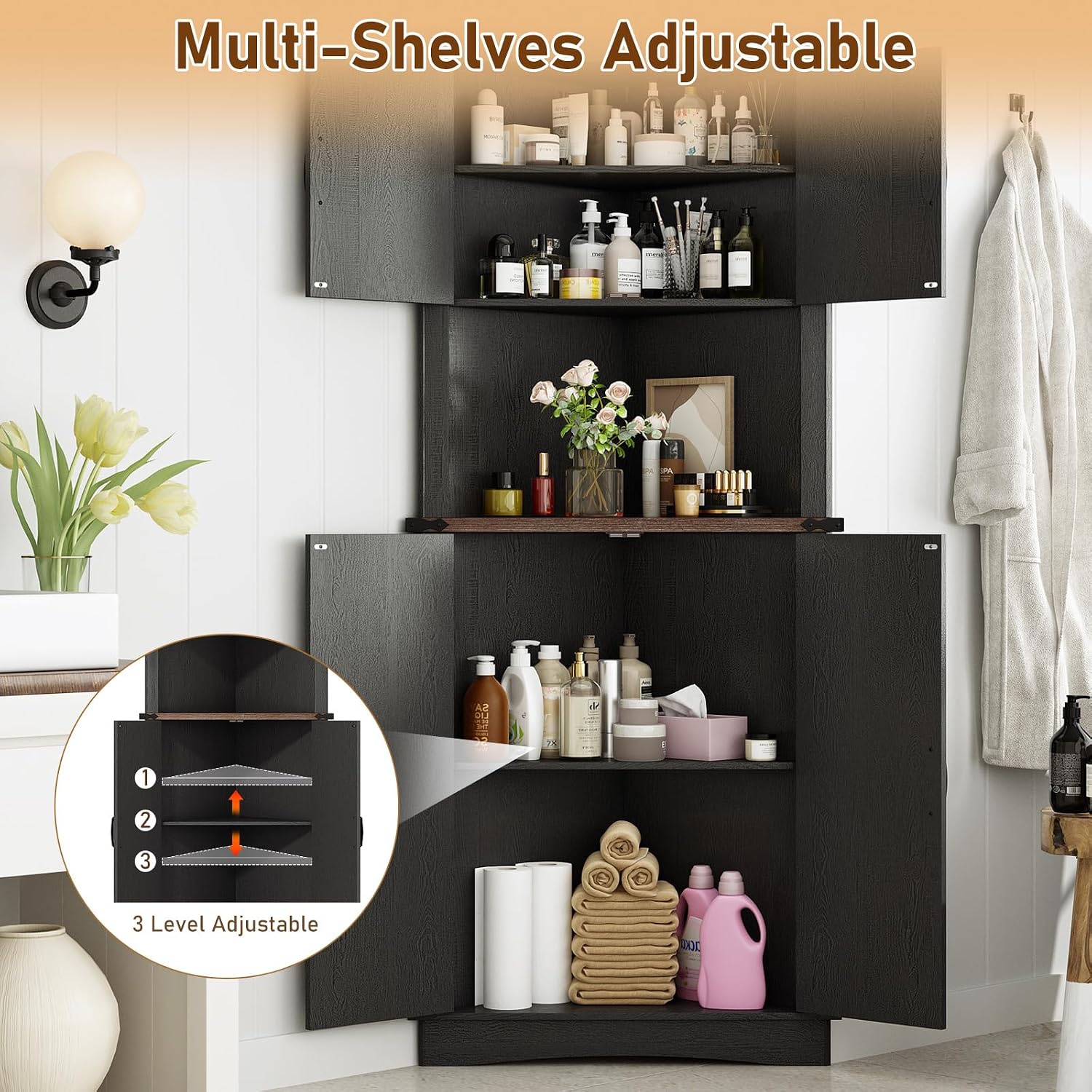 chartustriable 68' Tall Farmhouse Corner Cabinet, 28.3' Corner Storage Cabinet with 4 Doors and Adjustable Shelves, Tall Barn Door Cabinets with 5 Storage Shelves, for Kitchen, Bathroom, Black