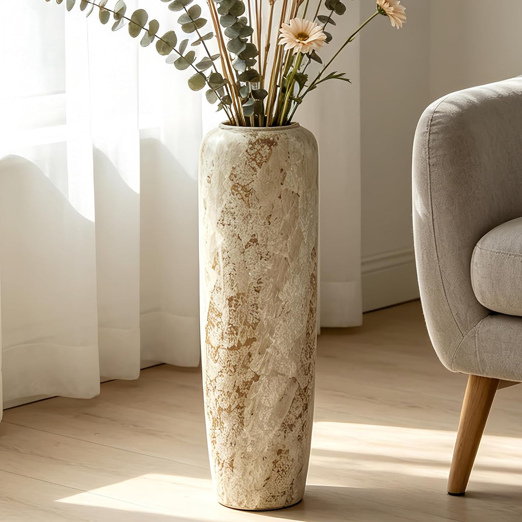 Rustic Oversized Ceramic Floor Vase – 23.6 Inch Handpainted Rustic Pottery Vase, Extra Tall Neutral Vases for Corner, Foyer & Large Floral Arrangements