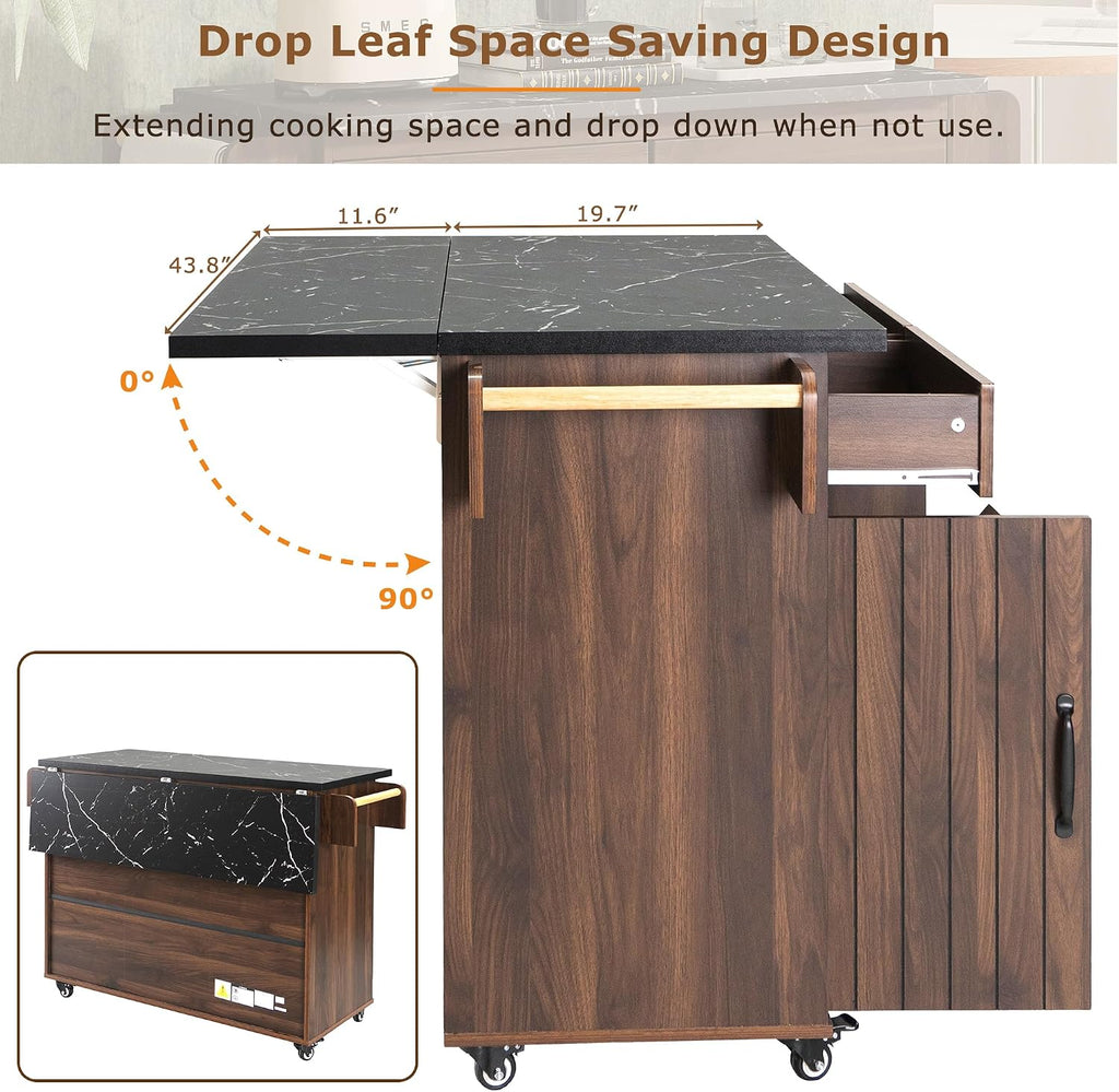 Kitchen Island with Trash Can Storage Cabinet, Kitchen Cart with Drop Leaf, Spice Rack, Towel Rack and Drawer, Rolling Kitchen Island on Wheels with Adjustable Shelf, Walnut Brown