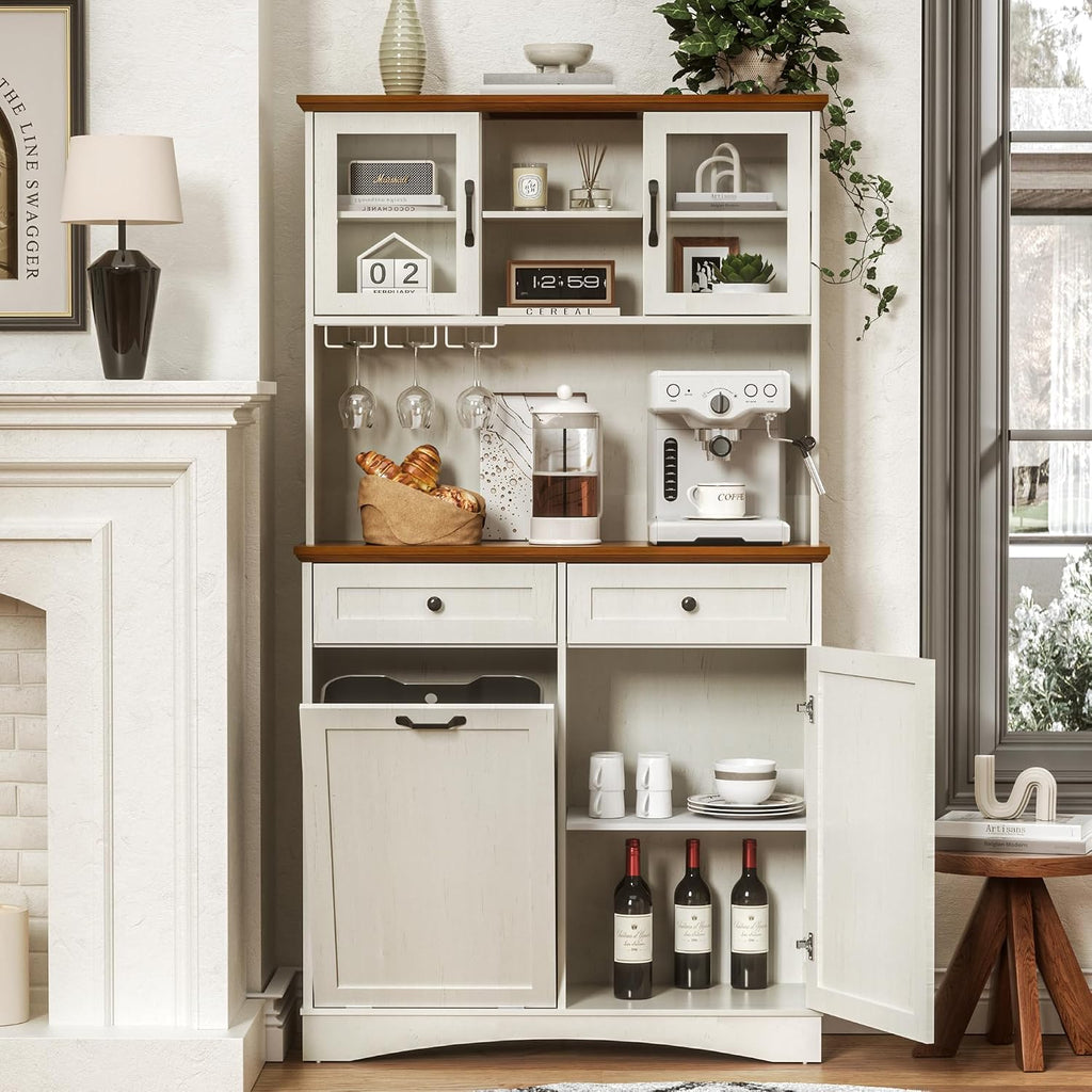 Tilt Out Trash Cabinet, Kitchen Pantry Storage Cabinets with Adjustable Shelves and Drawers, Wooden Freestanding Cabinet Trash Cans for Kitchen Living Room Dining Room, White, 13 Gallons