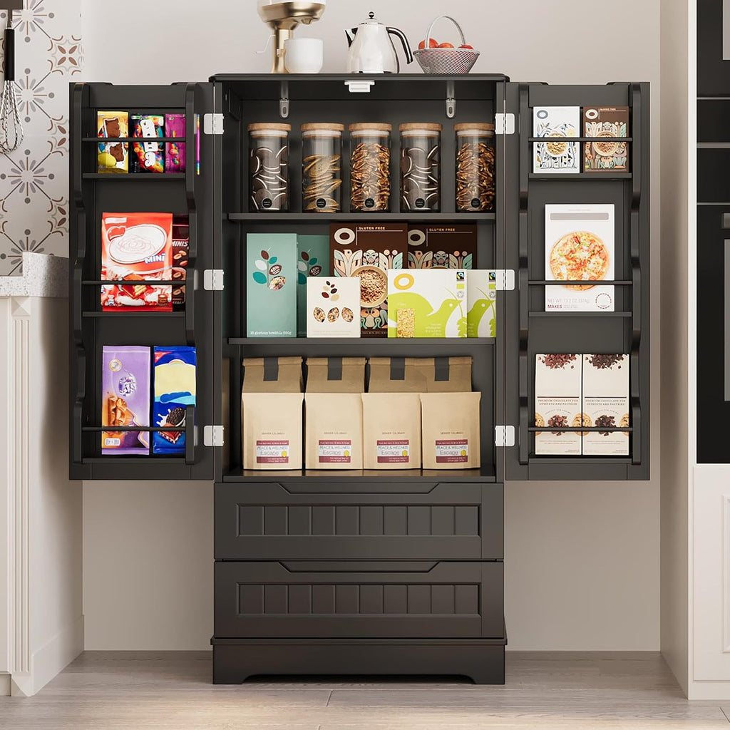 Gizoon Kitchen Pantry Cabinet with Drawers, 47' Small Food Pantry Storage Cabinet with 6 Door Shelves for Snack and Spice, Freestanding Craft Storage Cabinet for Craft Room, Black, Painted