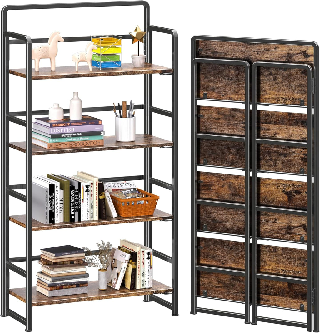 4NM No Assembly Folding Bookshelf, 4-Shelf 54' H Collapsible Foldable Bookcase Storage for Small Spaces, Rustic Brown and Black