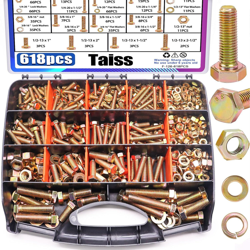 Taiss 904pcs Grade 8.8 Metric Bolt Assortment & SAE Nuts and Bolts Assortment Kit,M4 M5 M6 M8 M10 1/4-20,5/16-18,3/8-16 1/2-13(12-60mm)+618pcs Grade 8.8 Bolts and Nuts Kit,Bolt Assortment Kit