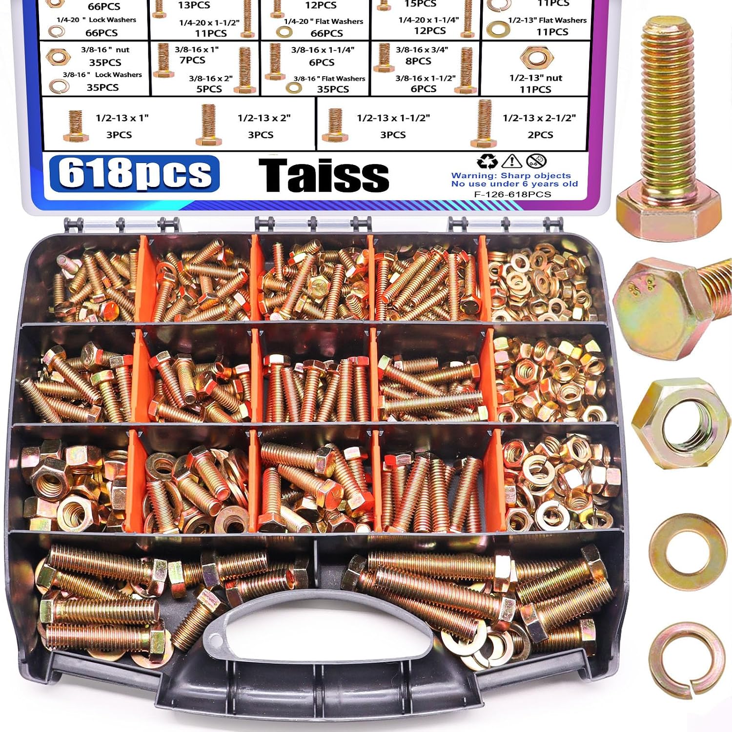 Taiss 904pcs Grade 8.8 Metric Bolt Assortment & SAE Nuts and Bolts Assortment Kit,M4 M5 M6 M8 M10 1/4-20,5/16-18,3/8-16 1/2-13(12-60mm)+618pcs Grade 8.8 Bolts and Nuts Kit,Bolt Assortment Kit