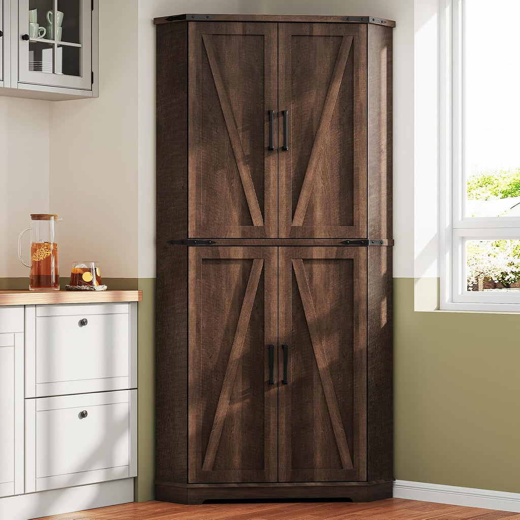 Dripex 71' Corner Cabinet Brown, Farmhouse Kitchen Pantry Cabinet with Doors Storage & Adjustable Shelves, Tall Corner Storage Cabinet with LED Light, Food Pantry for Living Room, Dining Room