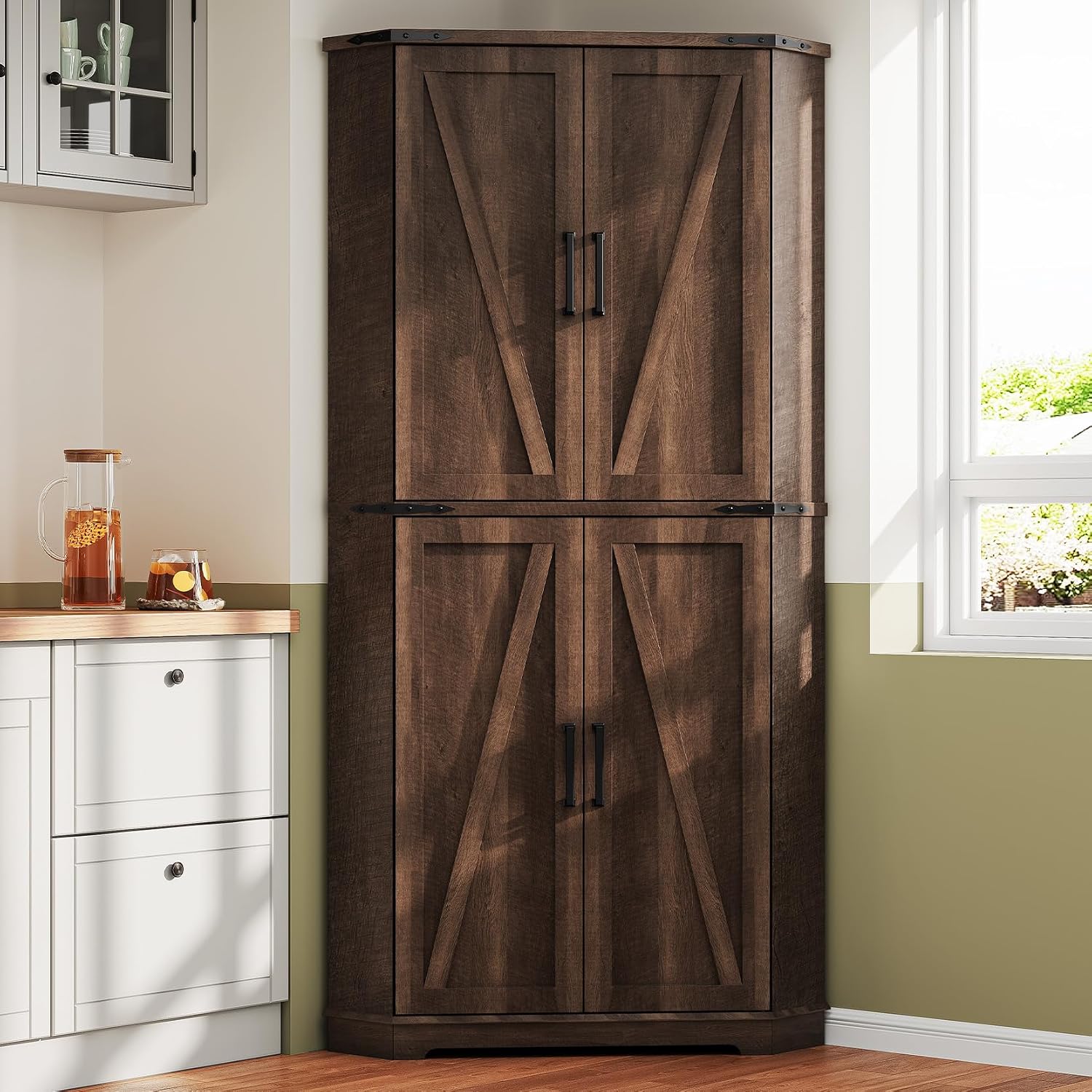 Dripex 71' Corner Cabinet Brown, Farmhouse Kitchen Pantry Cabinet with Doors Storage & Adjustable Shelves, Tall Corner Storage Cabinet with LED Light, Food Pantry for Living Room, Dining Room