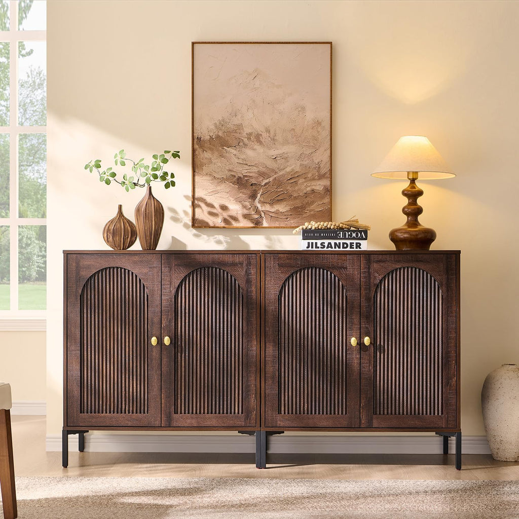 IFGET Modern Buffet Cabinet with Storage, 123.5' W Fluted Arched Sideboard Cabinet w/Adjustable Shelves, Wooden Modular Coffee Bar for Dining Room, Kitchen, Living Room, Entryway, Brown