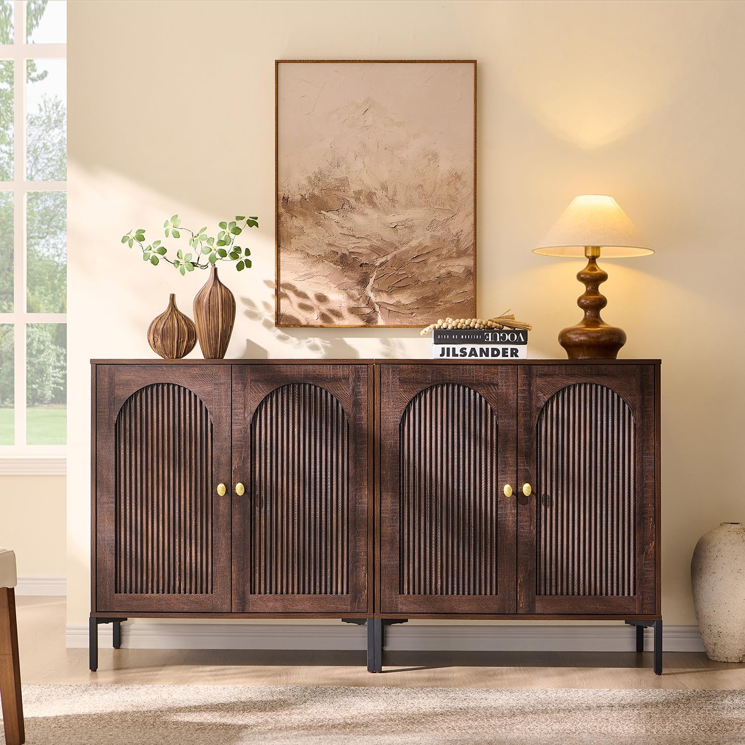 IFGET Modern Buffet Cabinet with Storage, 123.5' W Fluted Arched Sideboard Cabinet w/Adjustable Shelves, Wooden Modular Coffee Bar for Dining Room, Kitchen, Living Room, Entryway, Brown