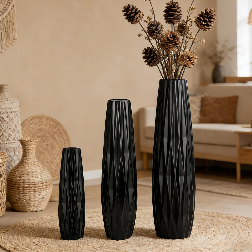 Tall Black Floor Vase – 28' Twisted Geometric Ceramic Vase for Modern Home, Living Room, Table Centerpiece or Corner Decoration