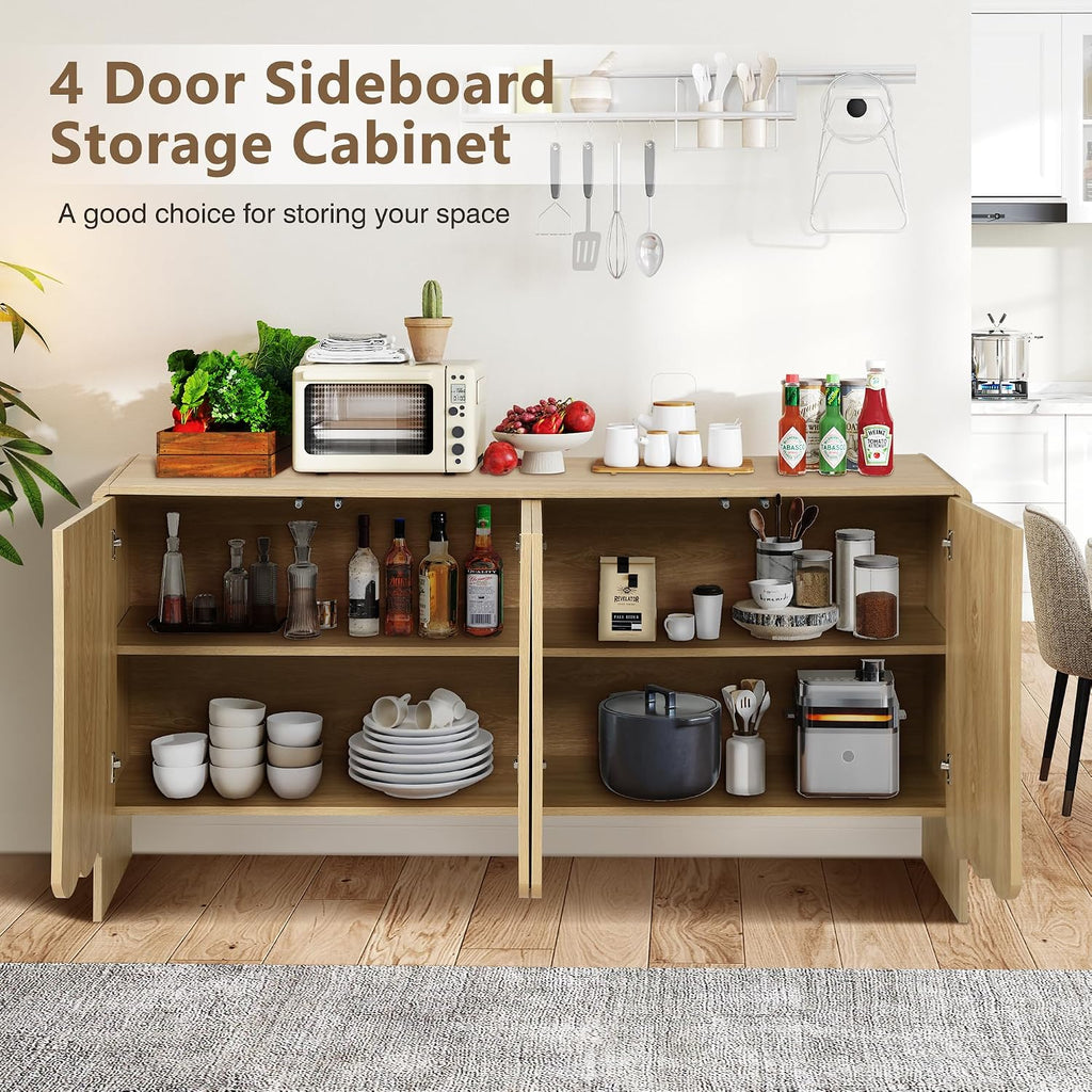ORRD Sideboard Buffet Cabinet, Accent Storage Cabinets with 4 Doors, Farmhouse Wood Cabinet with Adjustable Shelves and Wave Panel for Living Room, Dining Room, Entry - Natural