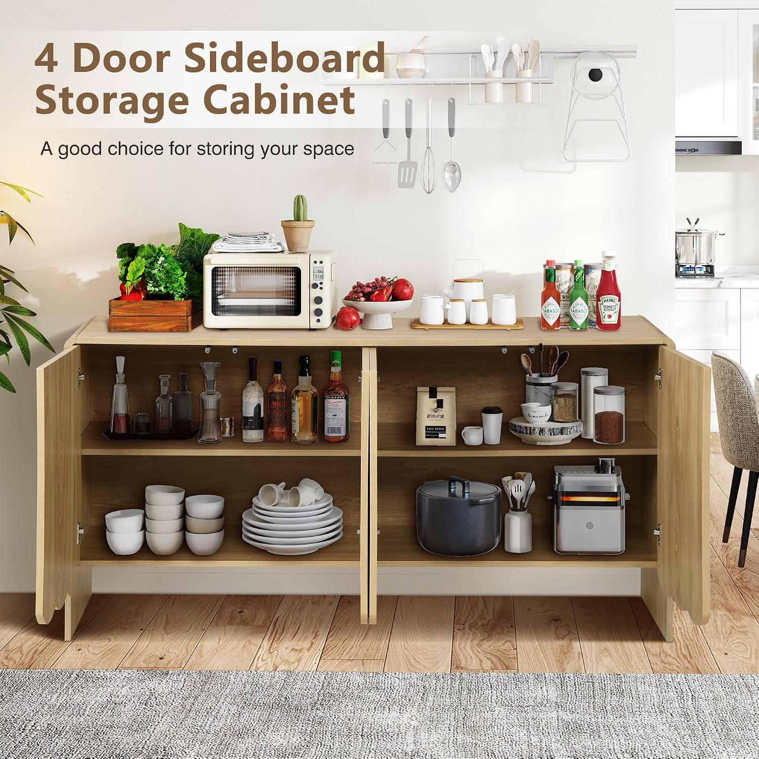 ORRD Sideboard Buffet Cabinet, Accent Storage Cabinets with 4 Doors, Farmhouse Wood Cabinet with Adjustable Shelves and Wave Panel for Living Room, Dining Room, Entry - Natural