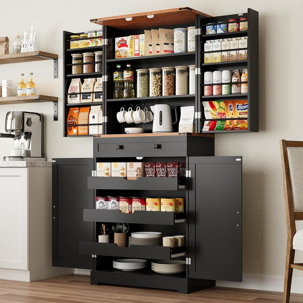 ELYKEN 72' Pantry Cabinet, Kitchen Storage Cabinet with 3 Pull Out Shelves & 8 Door Shelves, Tall Kitchen Pantry Cabinet with Adjustable Shelf, Kitchen Hutch with Large Drawer,for Dining Room