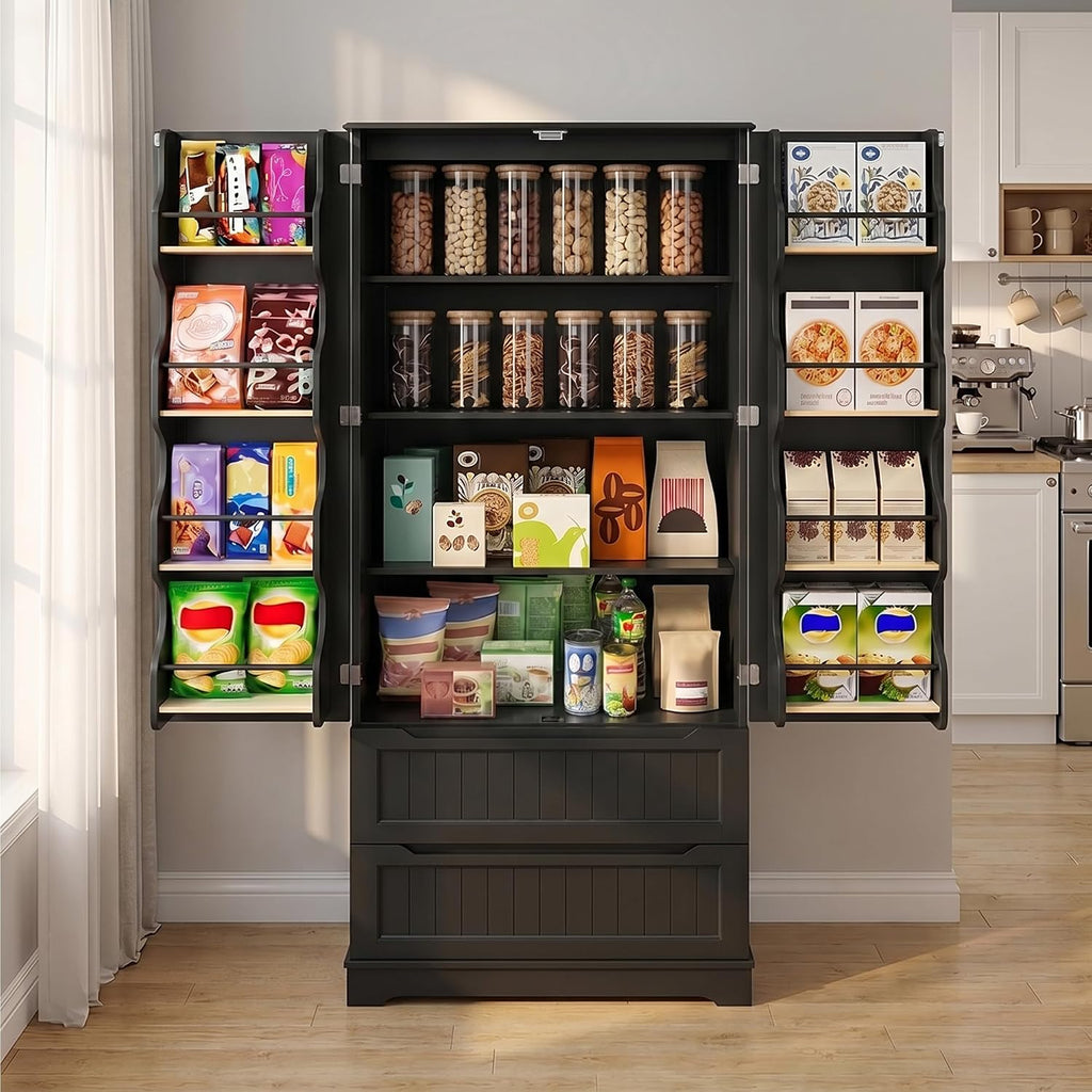 Gizoon 71' Tall Kitchen Pantry Cabinet with Drawers for Dining Room, Food Pantry Storage Cabinet with 8 Doors Shelves for Snack and Spice, Large Craft Storage Cabinet for Craft Room, Black, Painted