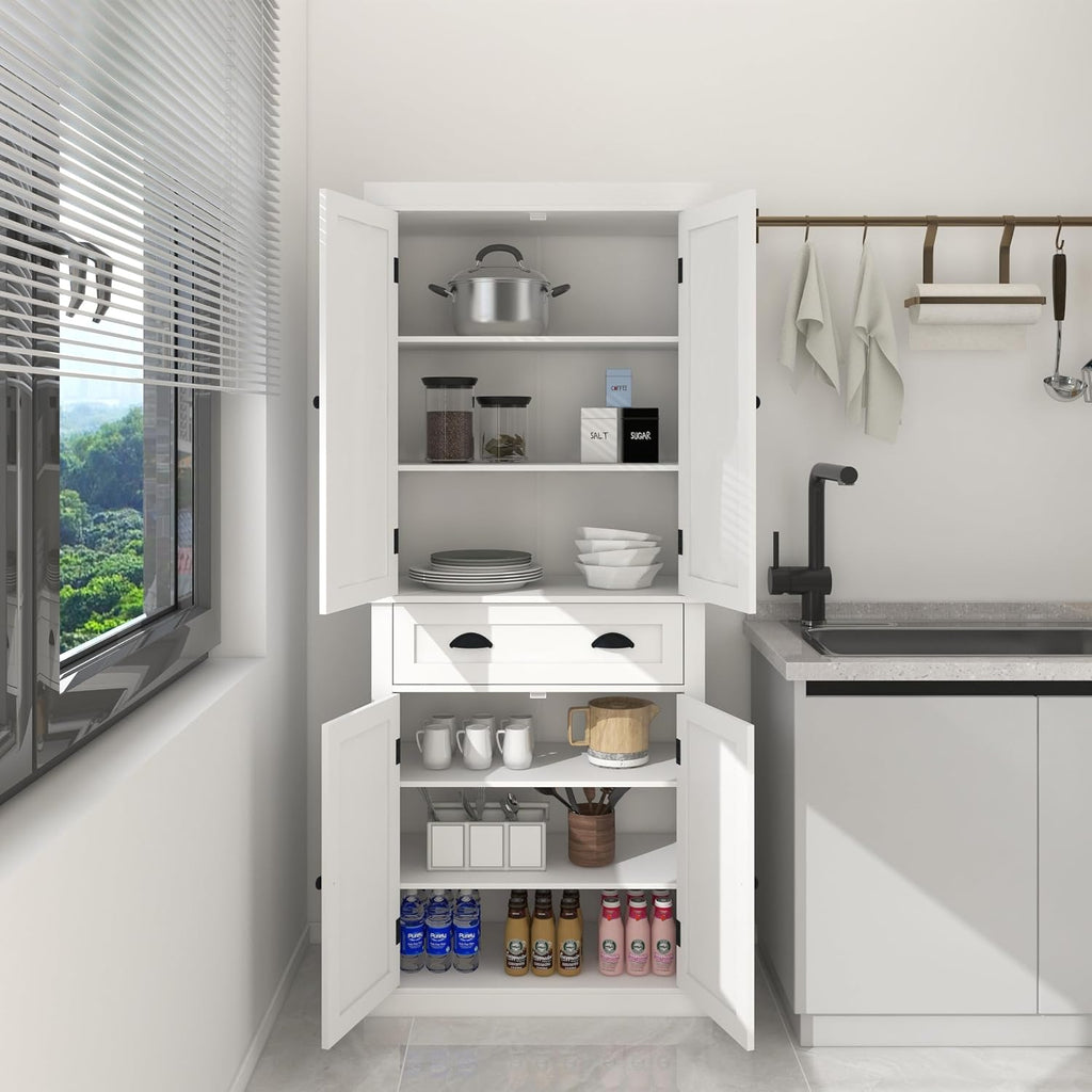 72' Adjustable-Shelf Freestanding Storage Cabinet, Kitchen Storage Bakers Rack with Drawer, Utility Food Cupboard with Anti-tip for Kitchen Dining Laundry Room, White