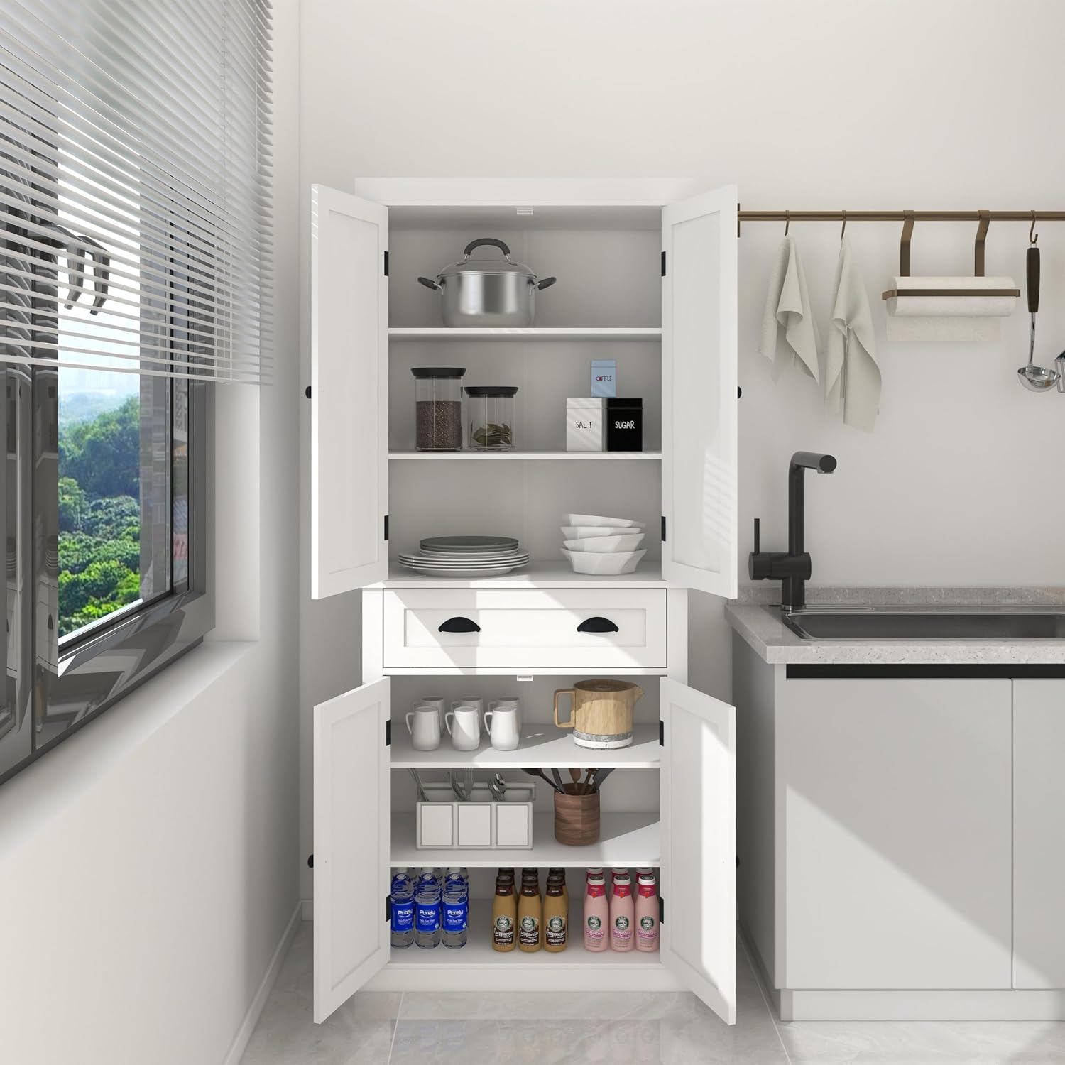72' Adjustable-Shelf Freestanding Storage Cabinet, Kitchen Storage Bakers Rack with Drawer, Utility Food Cupboard with Anti-tip for Kitchen Dining Laundry Room, White