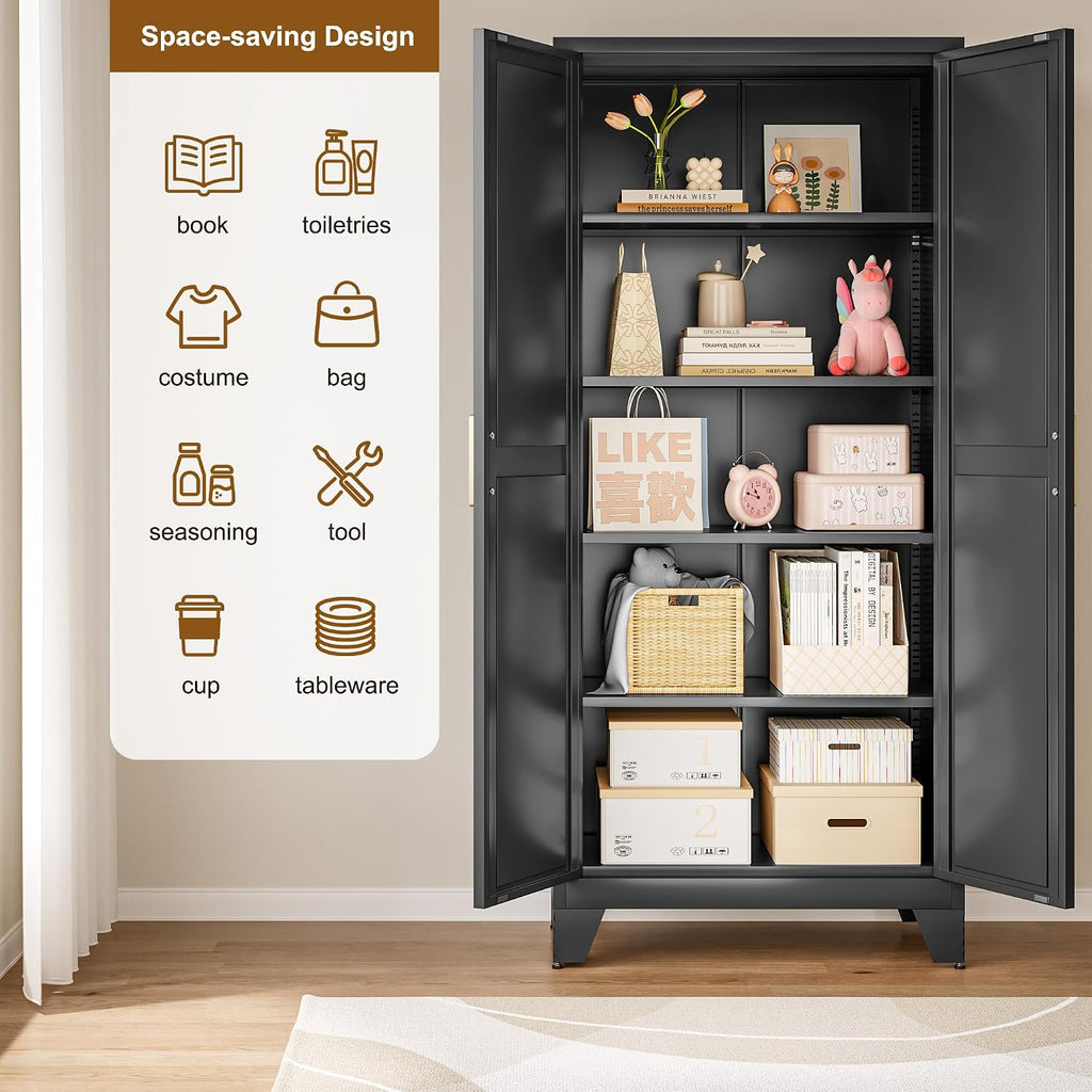 QINPTWUT 71' Metal Storage Cabinet with Doors and Shelves, Tall Pantry Cabinet in Black with 2 Doors & 4 Adjustable Shelves, All-Steel Farmhouse Cupboard for Kitchen, Living Room,Home Office,Garage
