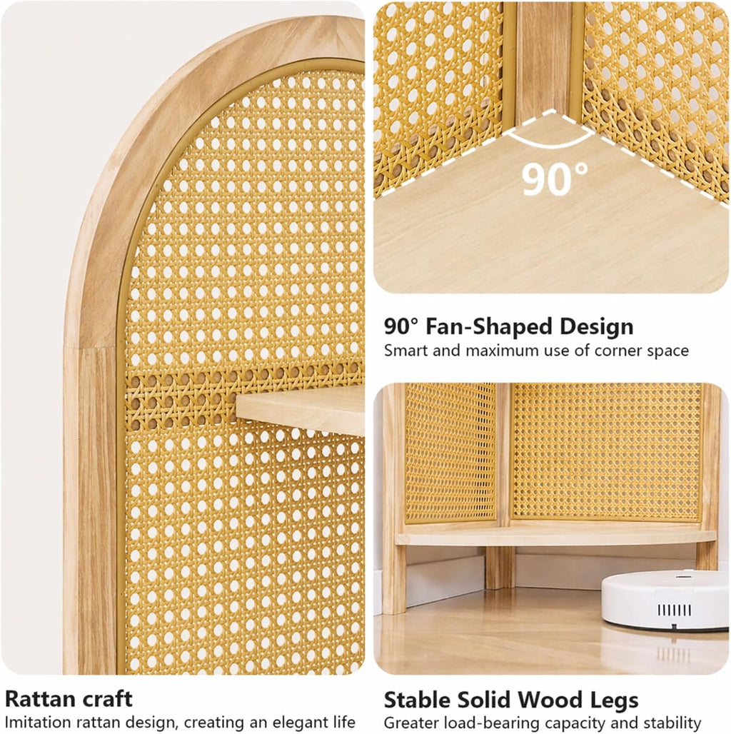 Corner Shelf Stand 4-Tier 70' Tall Corner Shelf with Solid Wood Frame and Rattan, Corner Bookshelf Organizer Rack, Corner Plant Stand for Living Room Decor, Small Space (Natural)