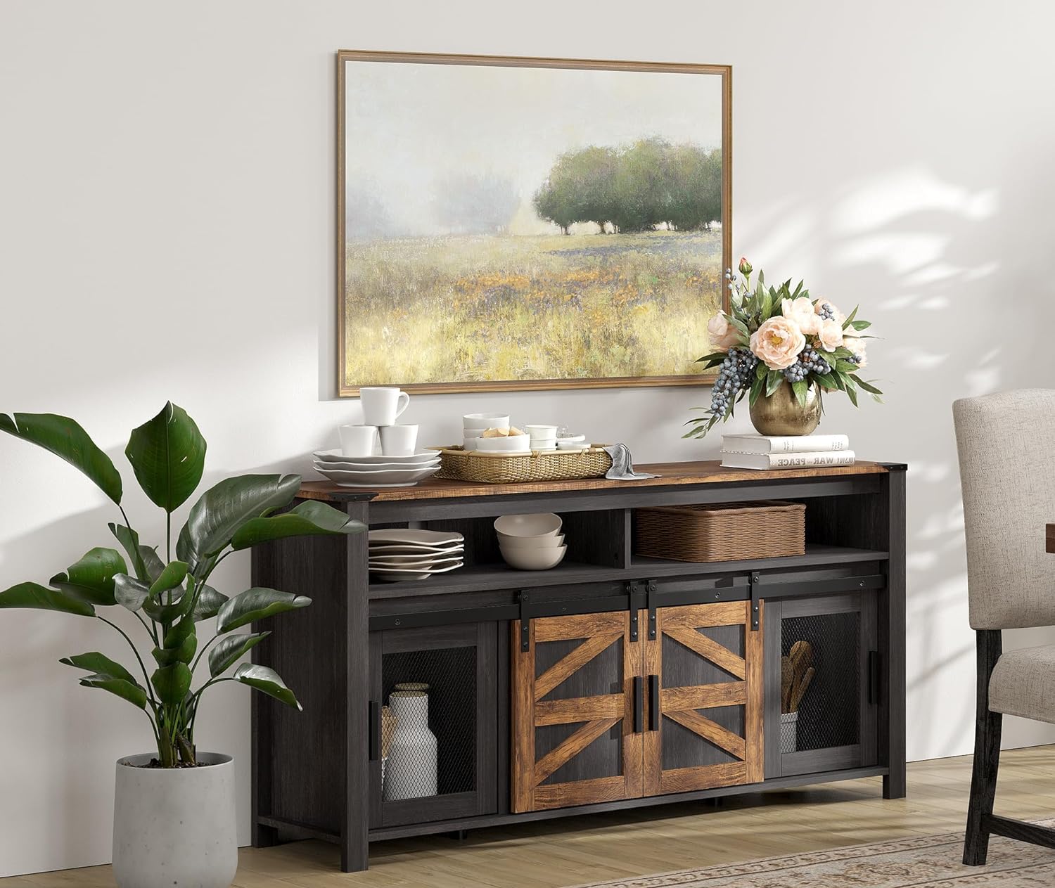 WAMPAT Farmhouse Buffet Cabinet, Rustic Sideboard with Sliding Barn Doors, 59' Coffee Bar Storage Cabinet with Mesh Doors, Cupboard Table for Kitchen, Dining Room, Living Room，Antique Black & Brown