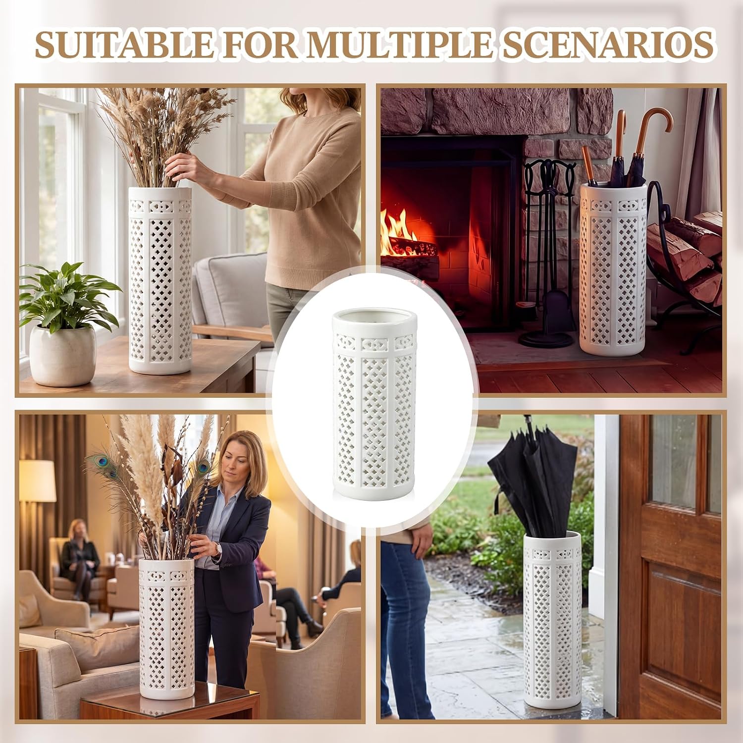 Sawysine White Ceramic Umbrella Stand with Hollow-out Design Heavy Porcelain Umbrella Holder for Entryway 17' Heavy Porcelain Holder for Umbrellas Canes Home Decor Walking Sticks