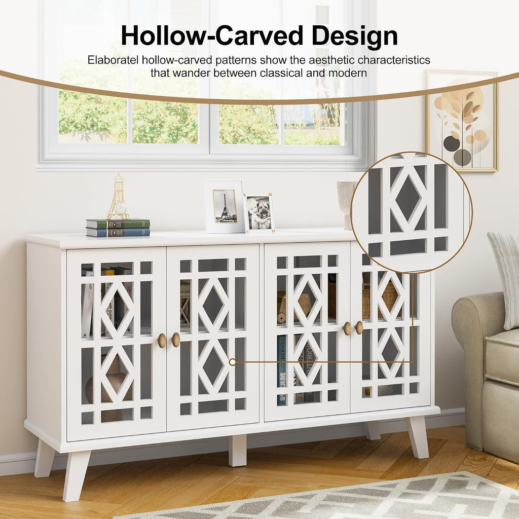 Scurrty 52' Buffet Cabinet with Storage,Sideboard with 4 Doors, Skeletonized Coffee Bar with Storage, Sideboard Cabinet for Dinning Room, Kitchen & Living Room (White)