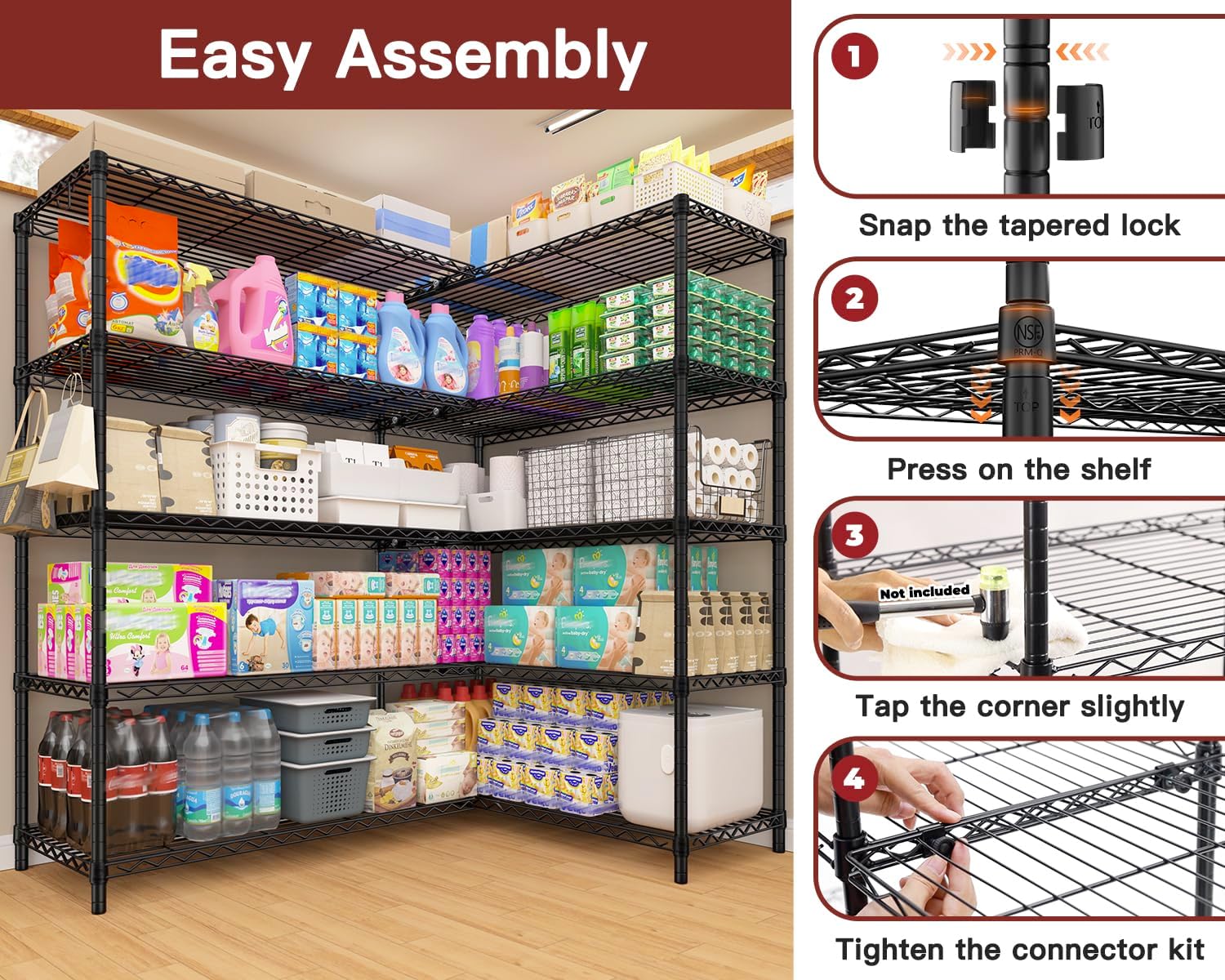 PrimeZone 5 Tier 72' W x 16''D x 76''H Metal Storage Wire Shelves - Heavy Duty Standing Garage Shelving Unit, Adjustable Steel Wire Rack Utility Shelf for Warehouse Kitchen Pantry Corner, Black