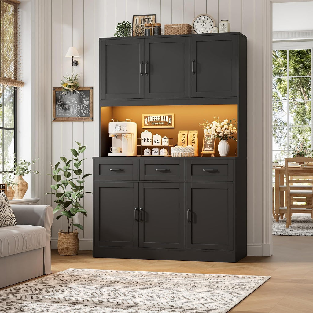 HOSTACK 72' Tall Kitchen Pantry Cabinet with Charging Station | LED Lights, 47' W Kitchen Pantry Storage Cabinet with Countertop, Modern Kitchens Hutch Cabinets with Storage for Dining Room, Black