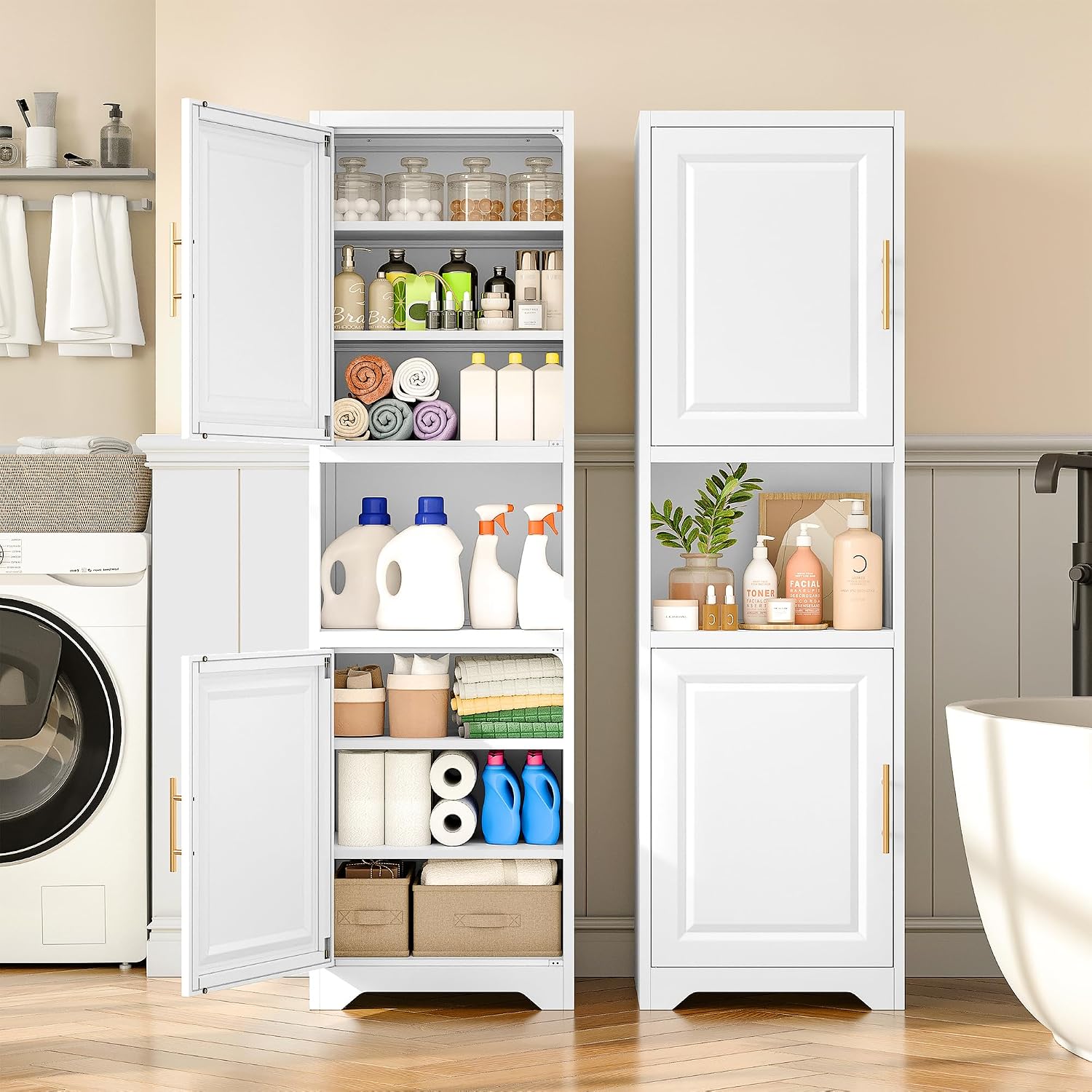 SISESOL 67' Tall Narrow Storage Cabinet with 2 Door and 7 Shelves,Slim Kitchen Pantry Cabinet,White Metal Bathroom Cabinets,Large Cupboard for Home,Kitchen,Laundry,Bathroom