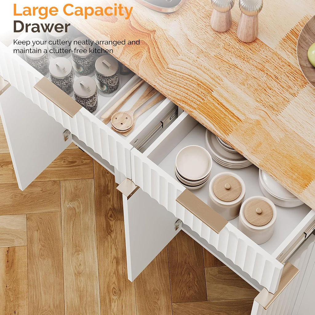 VINGLI Fluted Kitchen Island with Storage, Rolling Kitchen Cart on Wheels with 2 Drawers & 4 Doors, Adjustable Shelves, Portable Kitchen Island with Rubber Wood Top, White