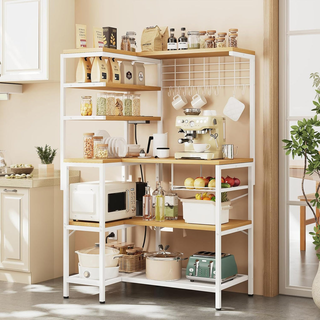 L-Shaped White Bakers Rack with Power Outlet, Kitchen Storage Rack with Hooks, Wire Shelf with Open Storage, Mesh Grid, Wire Basket