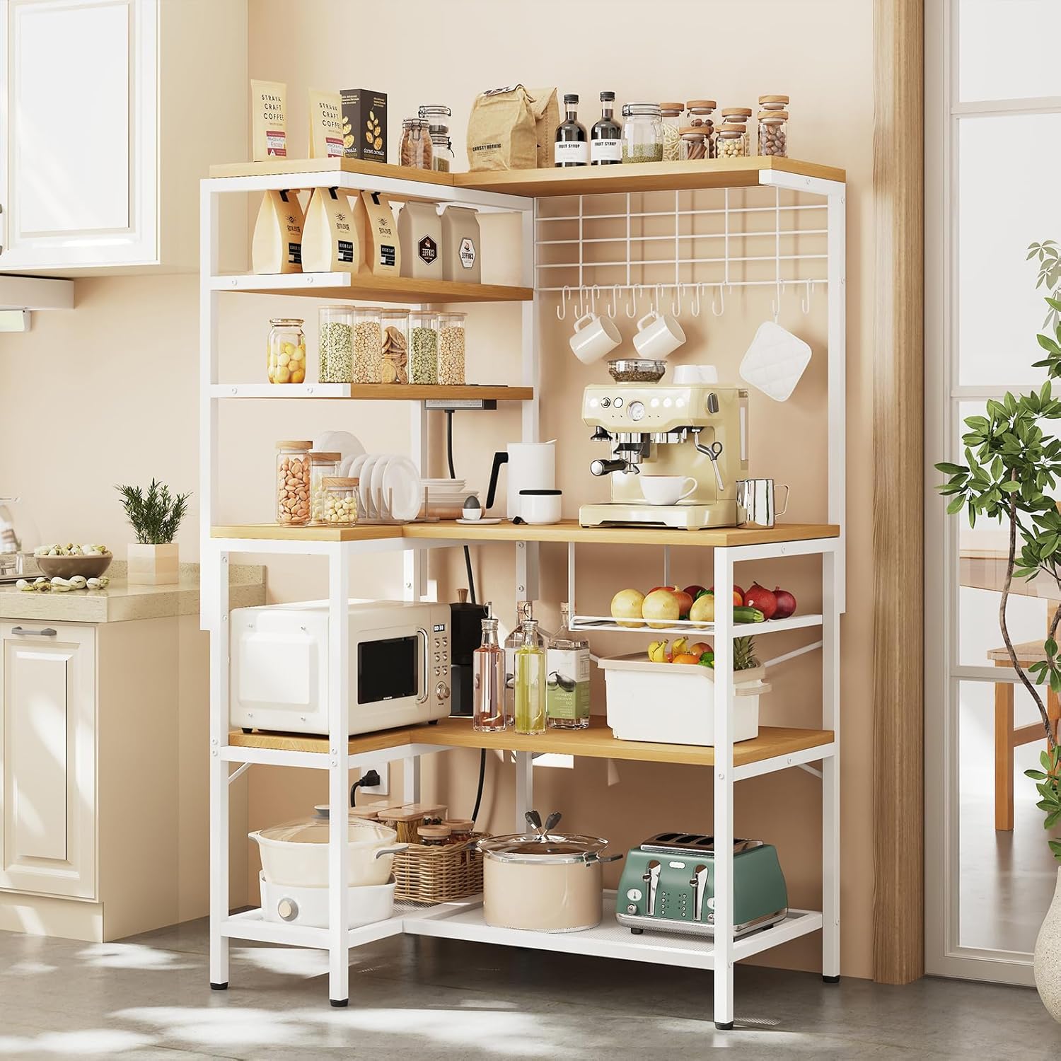 L-Shaped White Bakers Rack with Power Outlet, Kitchen Storage Rack with Hooks, Wire Shelf with Open Storage, Mesh Grid, Wire Basket