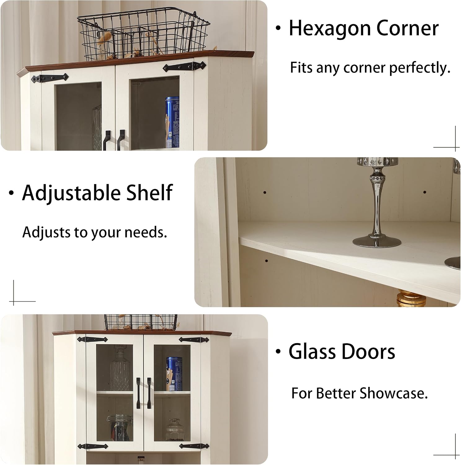 66.92'' Tall Corner Cabinet with Adjustable Shelves for Great Storage and Showcase,Storage Cabinet Double as Corner Liquor Cabinet with Hexagon Design for Livinng room,Kitchen and Bathroom,Off White
