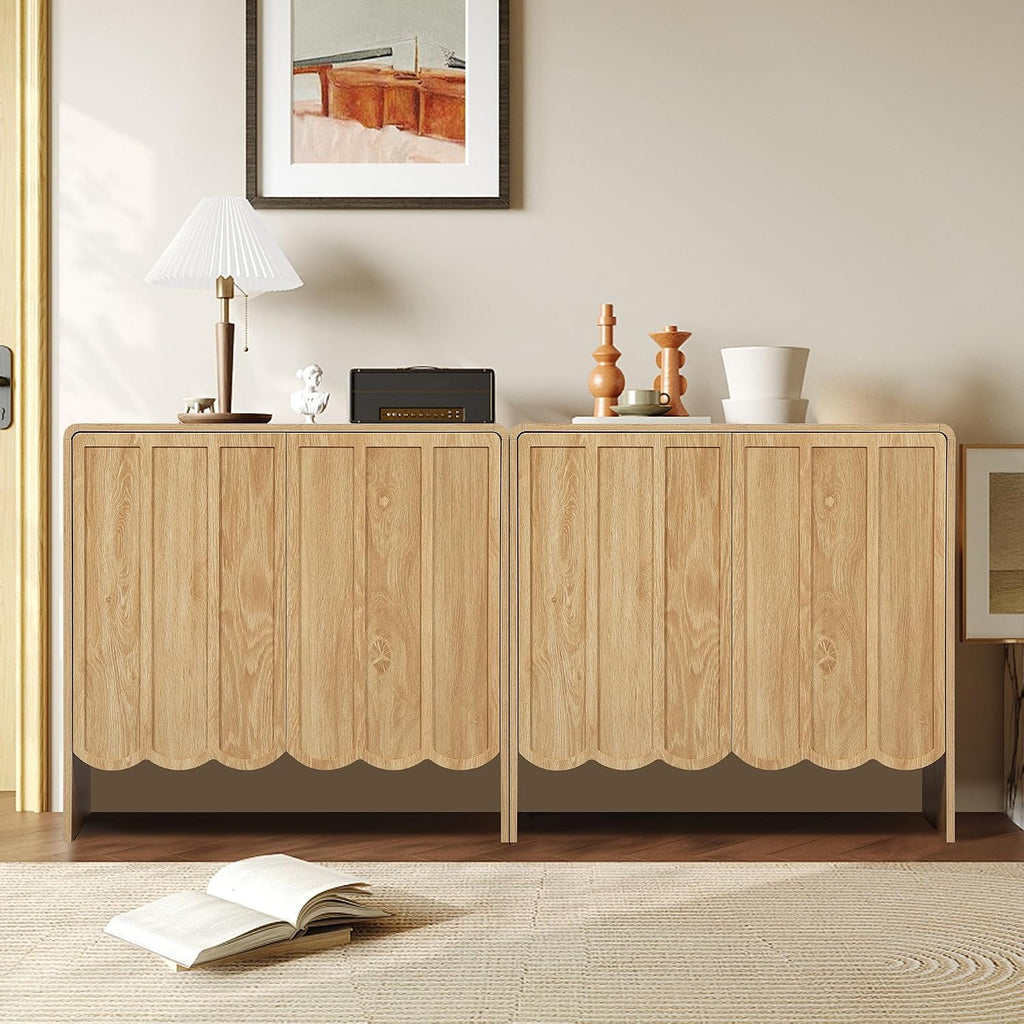 ORRD Sideboard Buffet Cabinet Set of 2, Accent Storage Cabinet with 2 Doors, Farmhouse Wood Cabinet with Adjustable Shelves and Wave Panel for Living Room, Dining Room, Entry - Natural