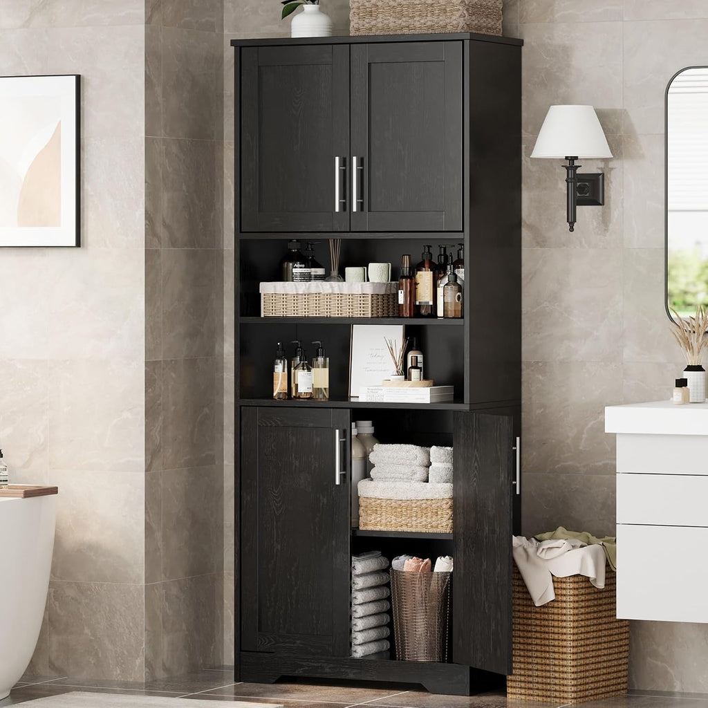 IDEALHOUSE 67' H Tall Storage Cabinet, Freestanding Bathroom Cabinet with 4 Doors and Adjustable Shelves,Modren Cupboard for Kitchen, Pantry, Living Room, Black