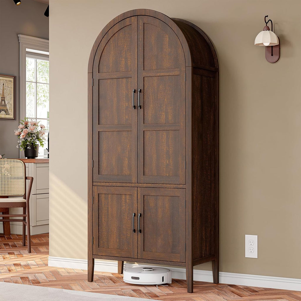 ONBRILL 71' Tall Wooden Arched Cabinet, 5-Tier Arched Kitchen Pantry Cabinet with Doors & Shelves, Farmhouse Kitchen Arch Cabinets with Adjustable Feet, Wooden Pantry Storage for Dining Room(Brown)