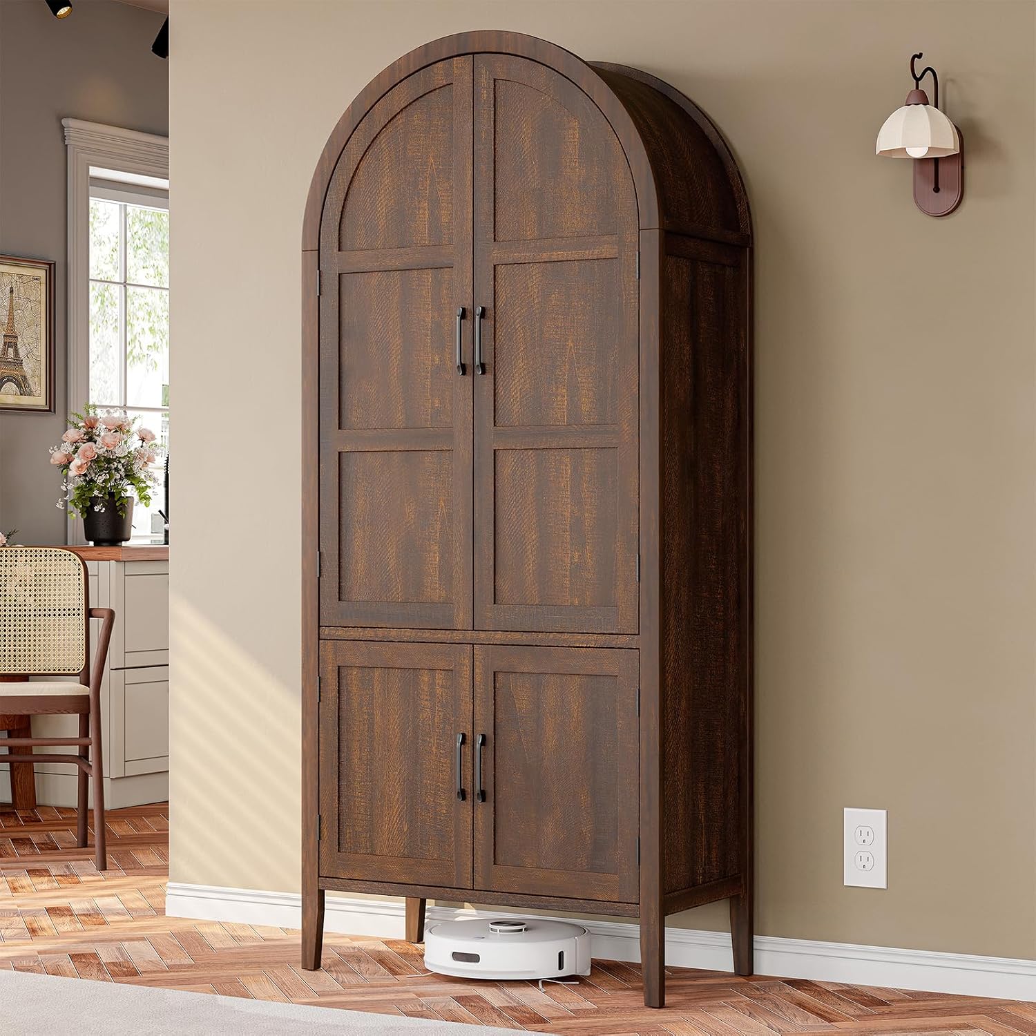 ONBRILL 71' Tall Wooden Arched Cabinet, 5-Tier Arched Kitchen Pantry Cabinet with Doors & Shelves, Farmhouse Kitchen Arch Cabinets with Adjustable Feet, Wooden Pantry Storage for Dining Room(Brown)