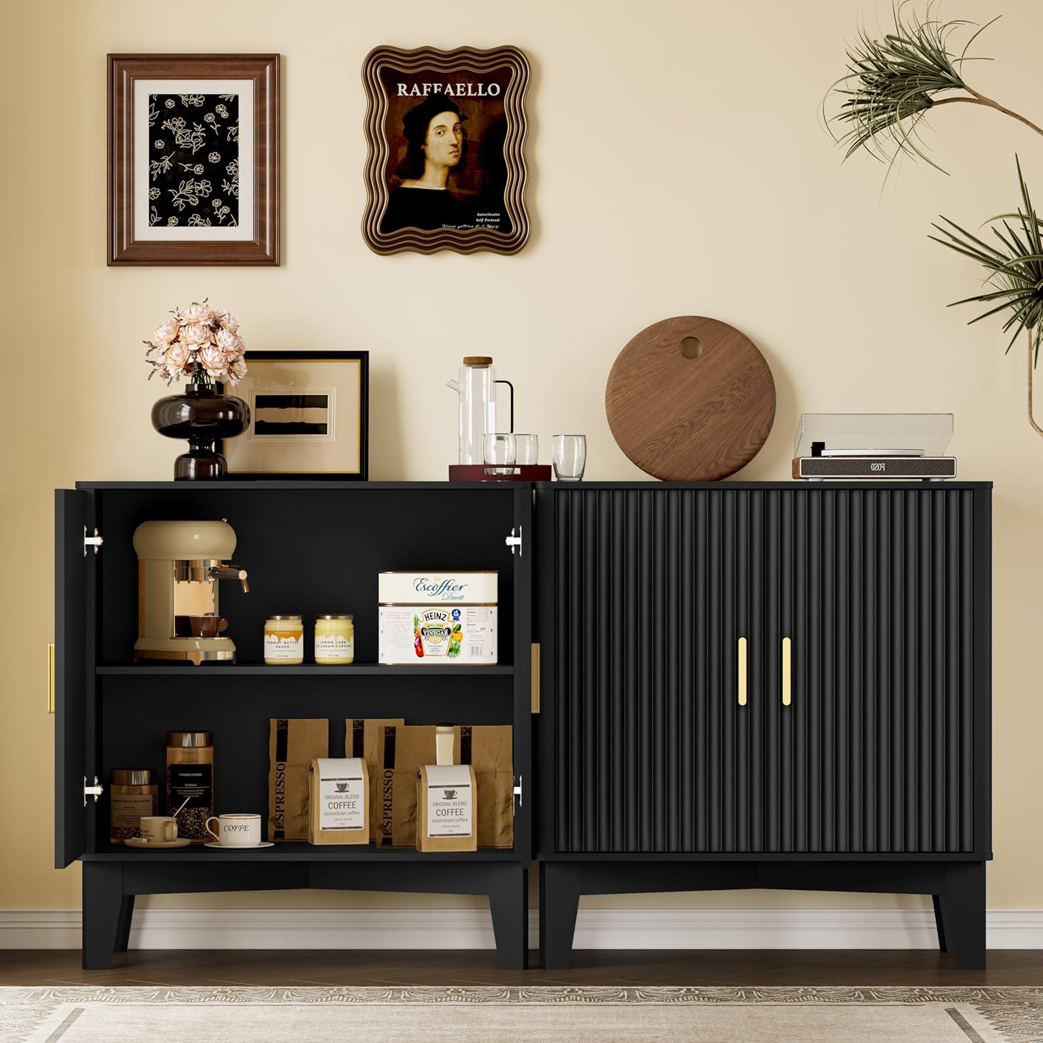 BORNOON Storage Cabinet with Doors and Adjustable Shelf, Modern Fluted Sideboard Buffet Cabinet, Freestanding Coffee Bar for Kitchen, Pantry, Entryway, Living Room (Black)