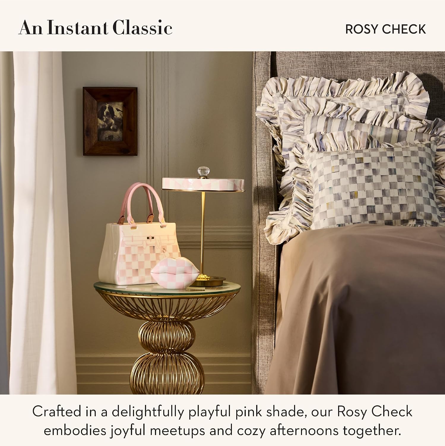 MACKENZIE-CHILDS Ceramic Handbag Vase, Unique Flower-Vase Decor, Pink-and-White Rosy Check Doodles