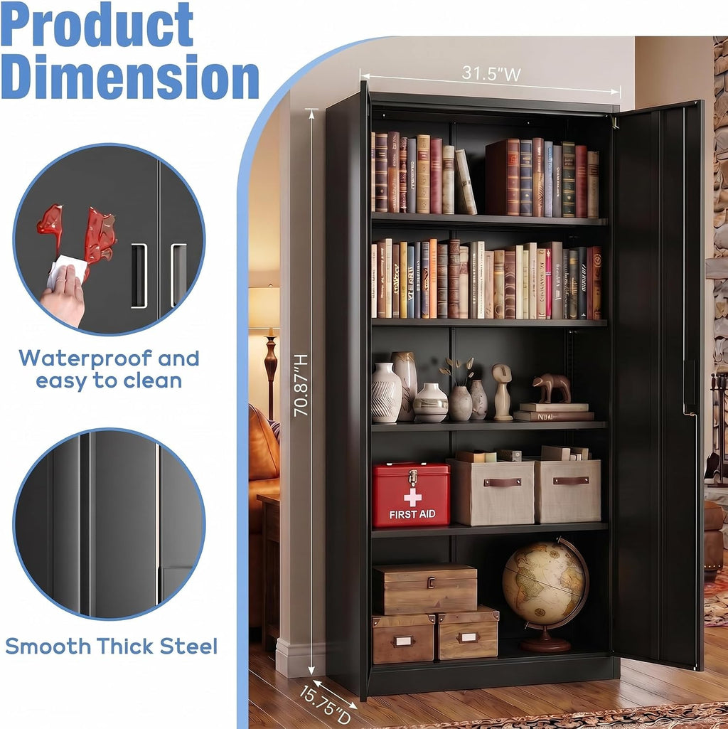 Metal Garage Storage Cabinet, Lockable Steel Storage Cabinet with 4 Adjustable Shelves for Garage, Office, Home, Assembly Required, Black, 15.75' D × 31.50' W × 70.87' H