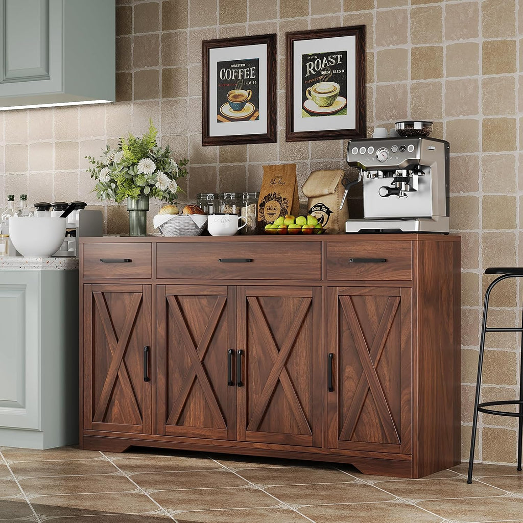 Garvee 55 in Large Buffet Sideboard Cabinet with Storage 4 Doors and 3 Drawers Kitchen Storage Cabinet Coffee Bar Buffet Table for Dining Room, Living Room, Adjustable Shelf