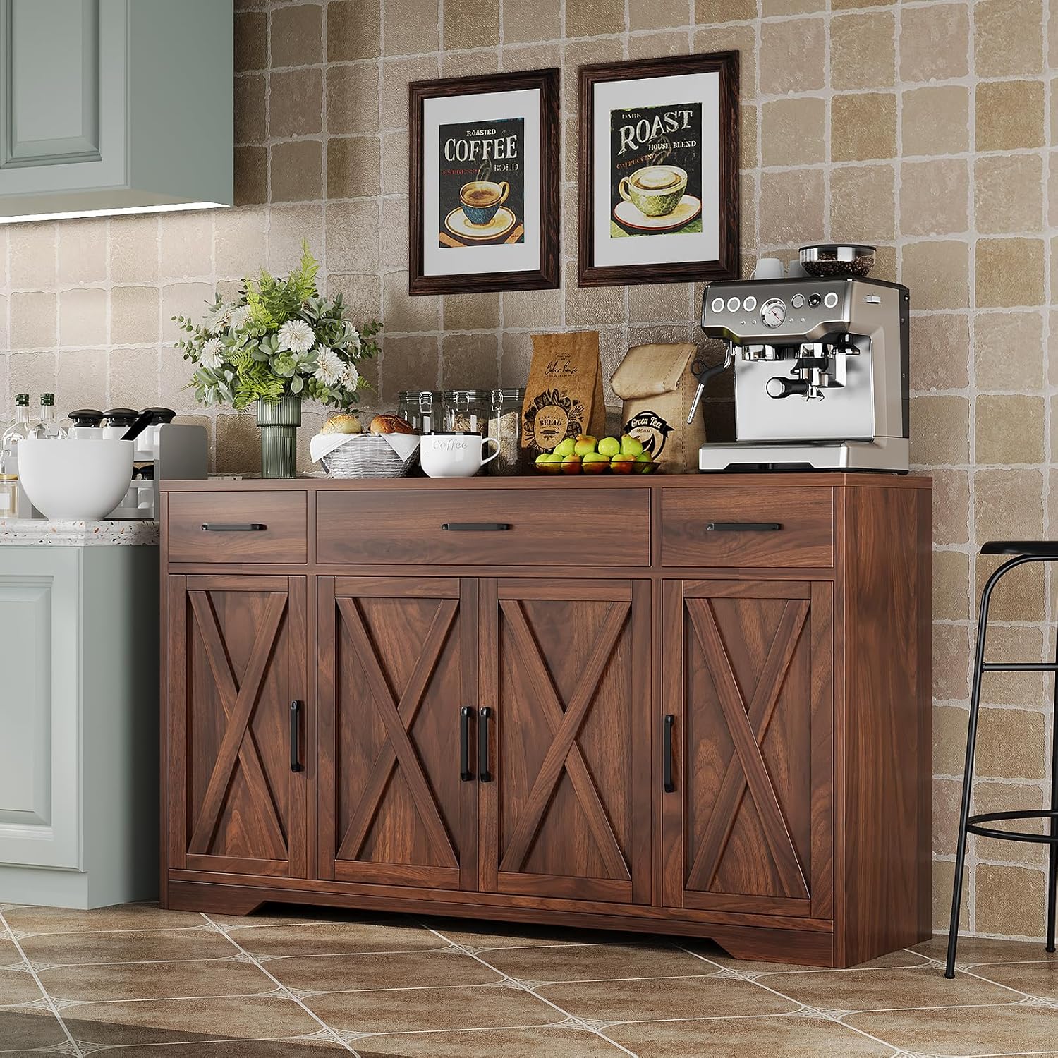 Garvee 55 in Large Buffet Sideboard Cabinet with Storage 4 Doors and 3 Drawers Kitchen Storage Cabinet Coffee Bar Buffet Table for Dining Room, Living Room, Adjustable Shelf