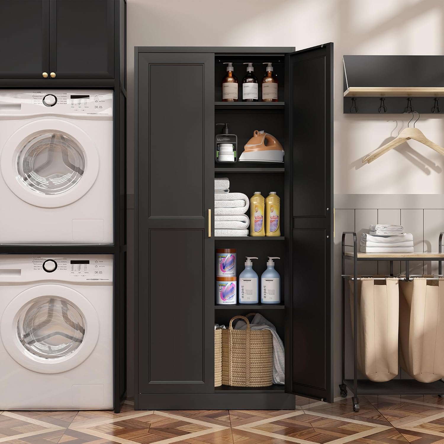 SteeLoong Kitchen Pantry Cabinet,71'Black Metal Pantry Storage Cabinet with Doors and 4 Adjustable Shelves,Kitchen Cabinet with 2 Gold Handles,Tall Cabinet for Livingroom,Pantry, Bathroom