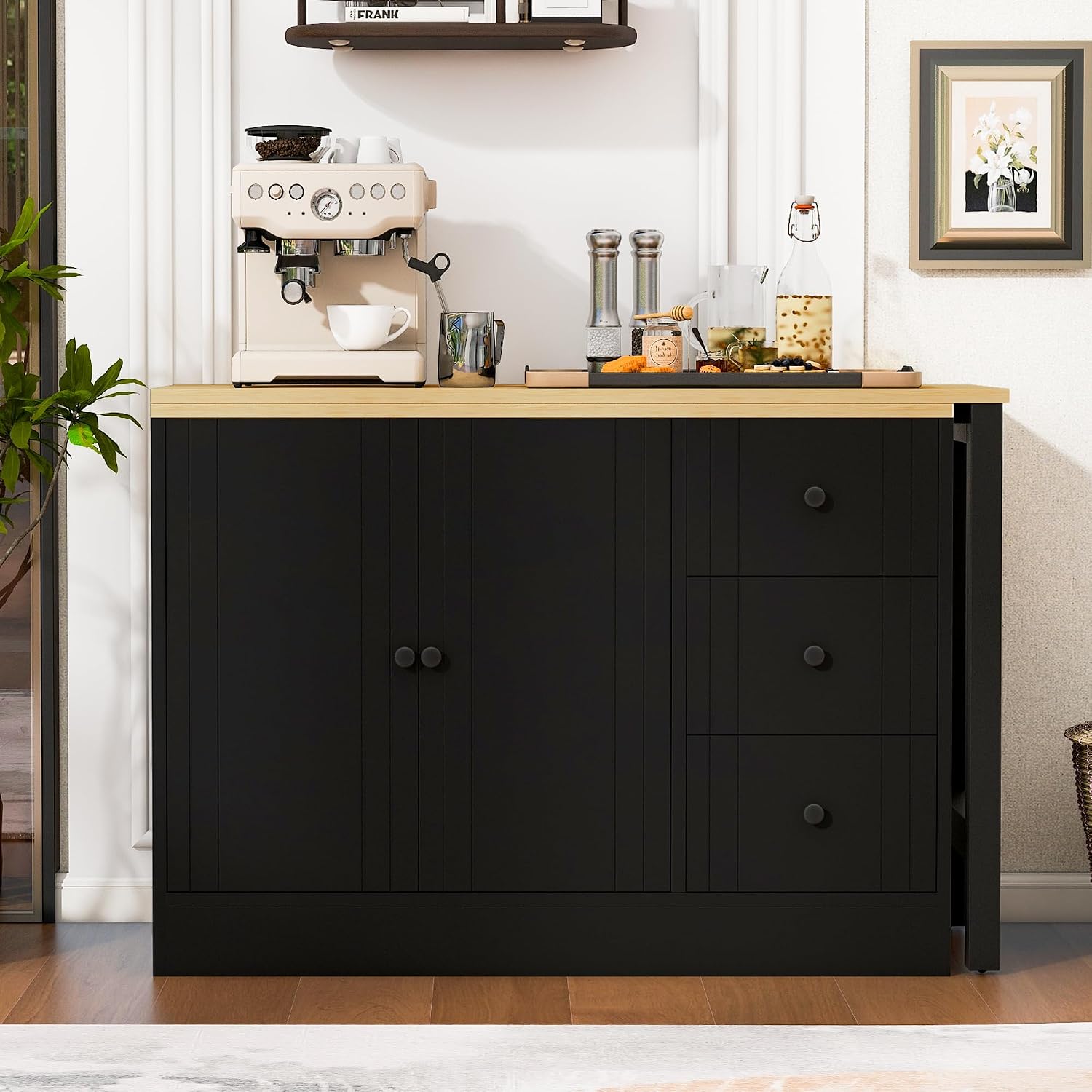 90' Extendable Freestanding Storage Cabinet, Kitchen Storage Bakers Rack with Adjustable Shelf, Utility Food Cupboard with Silent Drawers for Kitchen and Living Room, Black+Natural