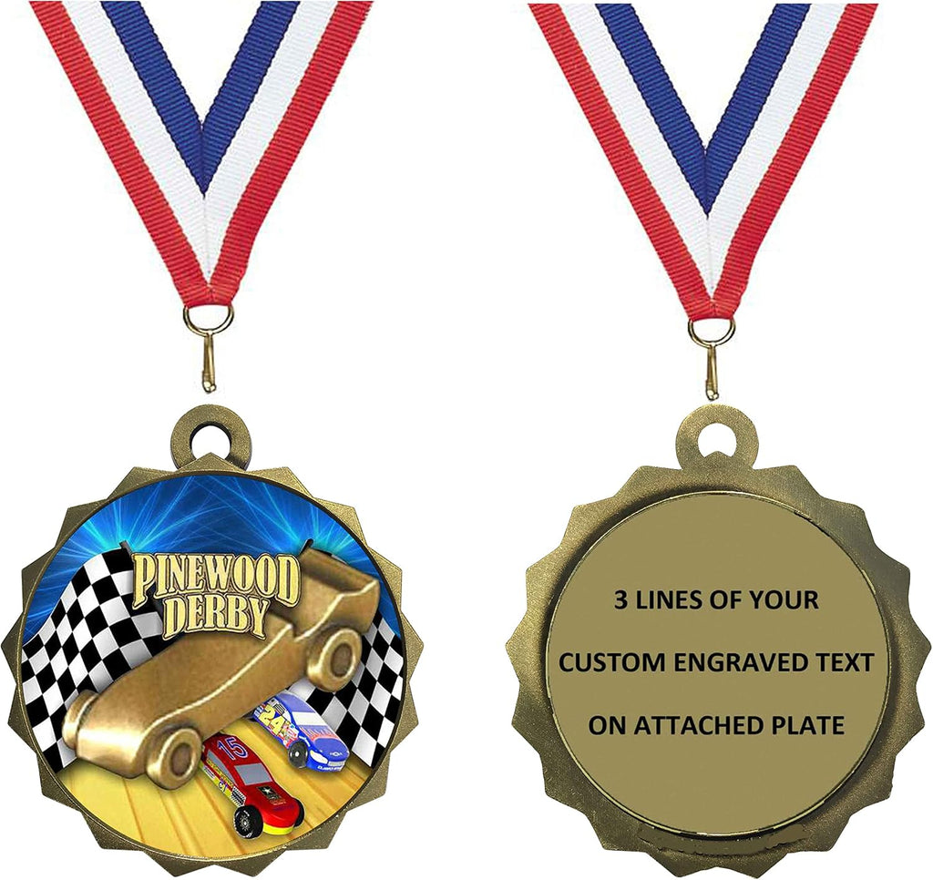 Express Medals 1 to 50 Packs of Engraved Derby Race Car Scout Gold Medal Trophy Award with Neck Ribbon & Attached Engraved Plate on Back LAZD214-D70