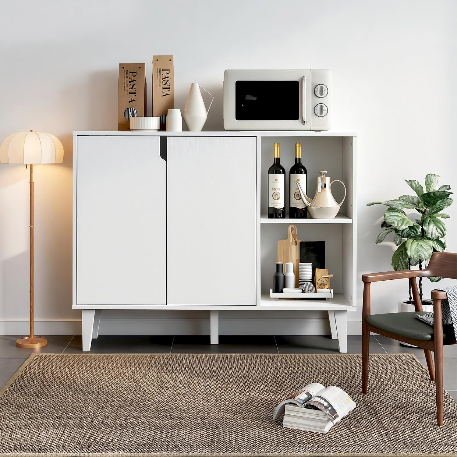 Panana Kitchen Buffet Cabinet Storage Sideboard with 2 Doors 2 Shelves, 41.8' L x 15' W x 32.5' H (White)