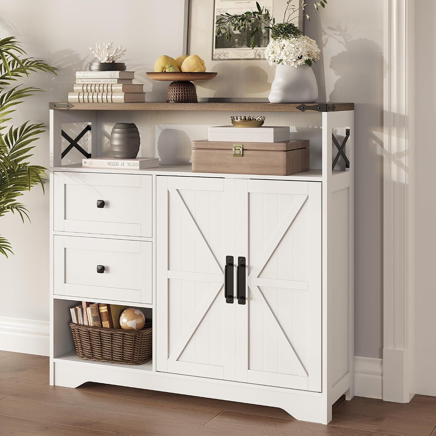 Fameill Farmhouse Storage Cabinet with Drawers and Open Storage,Freestanding Kitchen Pantry with 2 Barn Doors, Floor Cabinet with Adjustable Shelf for Living Room,White