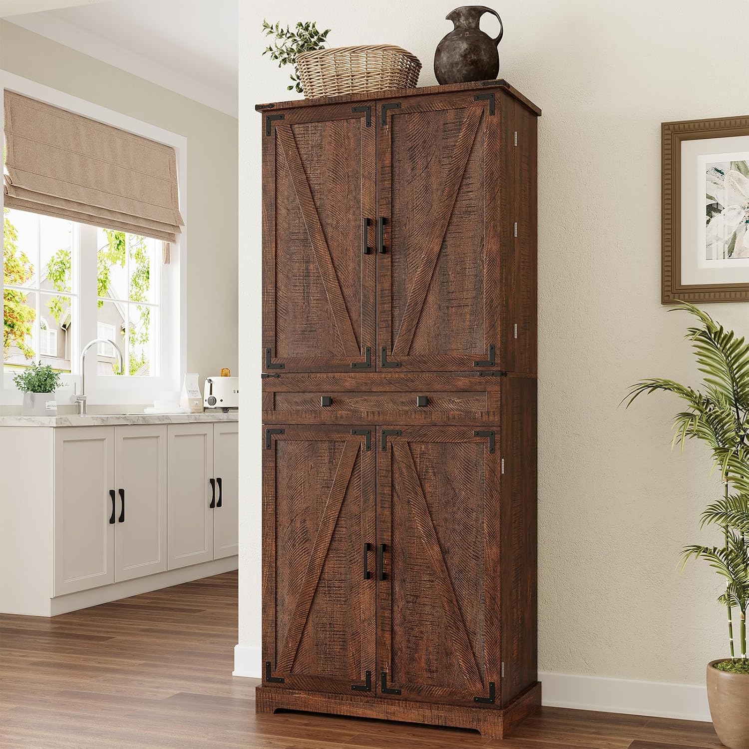 ELYKEN 72' Pantry Cabinet, Tall Kitchen Storage Cabinet with 3 Pull Out Shelves & 8 Door Shelves, Farmhouse Kitchen Pantry with Adjustable Shelf, Kitchen Hutch with Large Drawer, for Dining Room