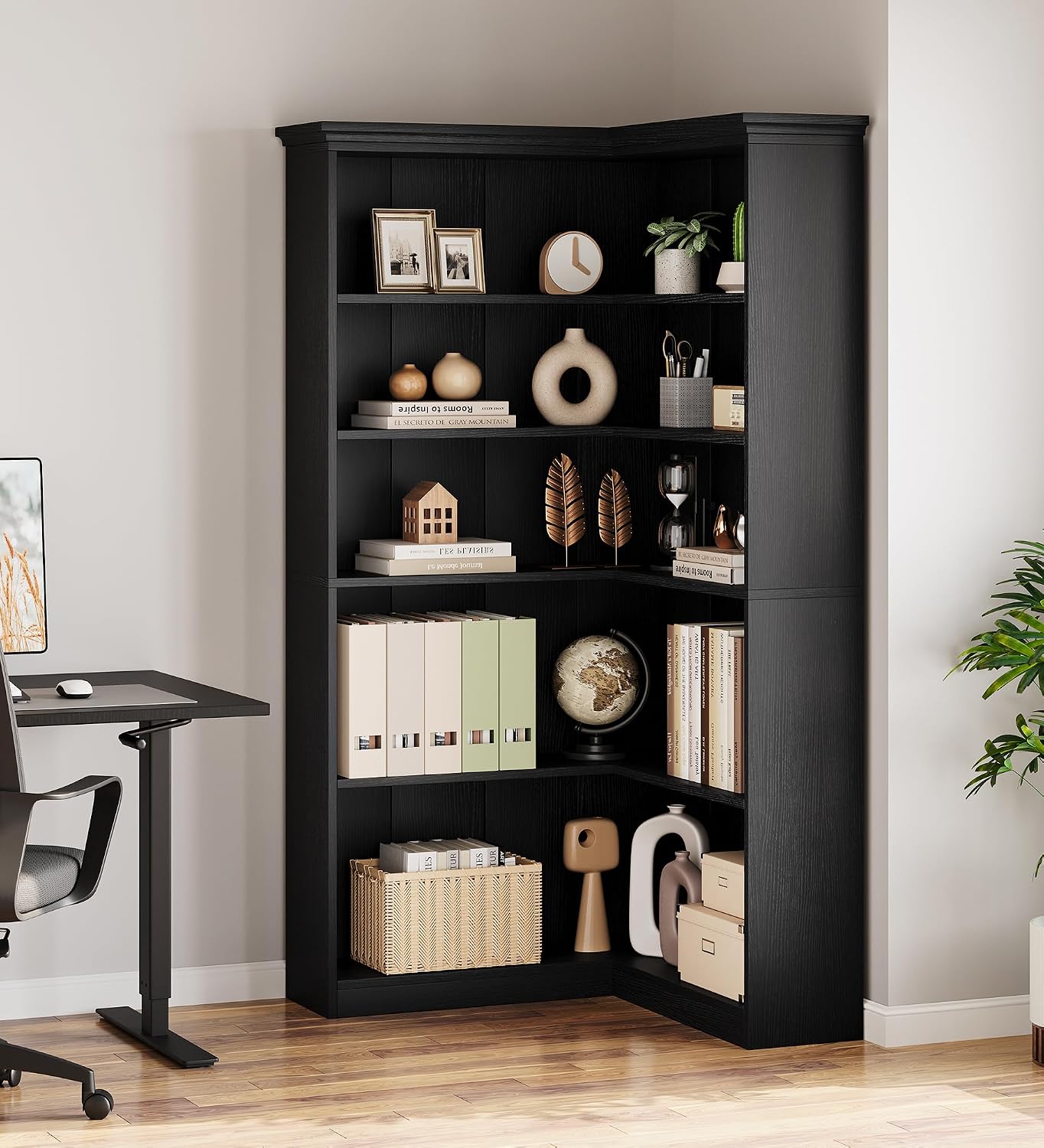 IDEALHOUSE Corner Bookshelf 72.8in Farmhouse Bookcase Large Bookshelf Wood Bookcase Tall 5 Tier Corner Shelf L Shaped Bookshelfs Storage Display Rack Living Room Bedroom (Black Full Panel)