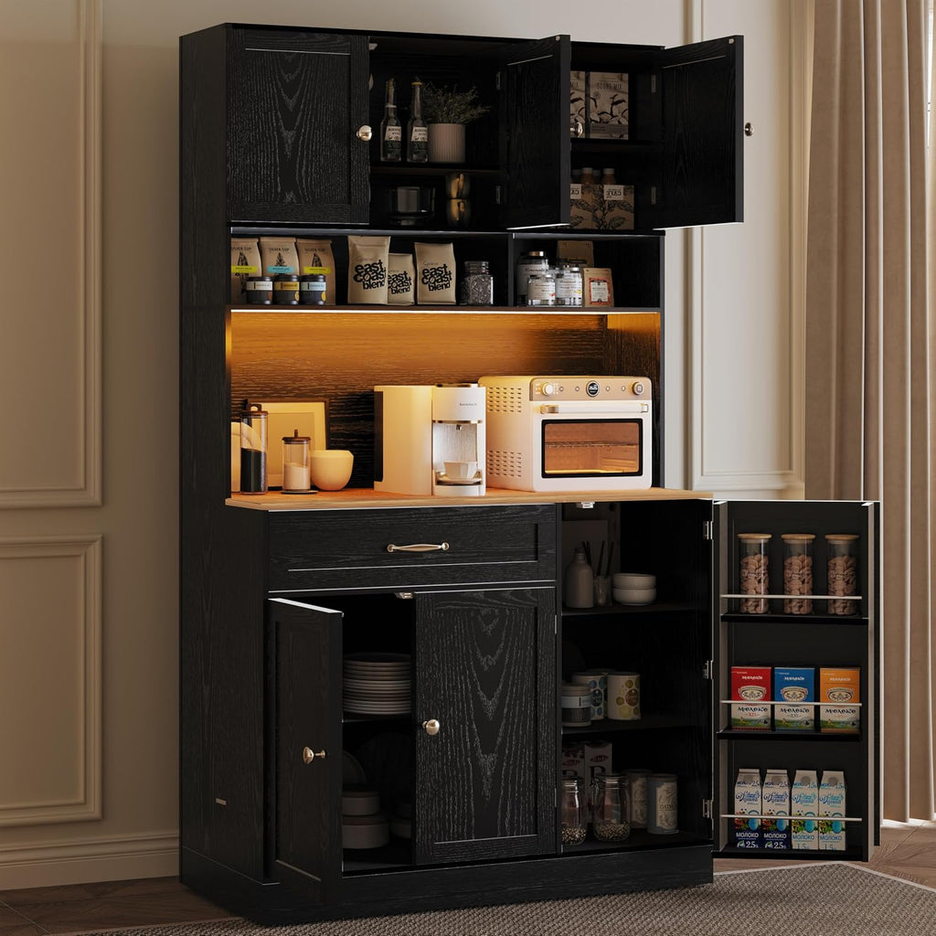 FJTJBSI 72' Kitchen Pantry Cabinet with LED Light and Charging Station Tall Pantry Storage Cabinet with Adjustable Shelves and Door Shelves Modern Kitchen Hutch with Countertop Black